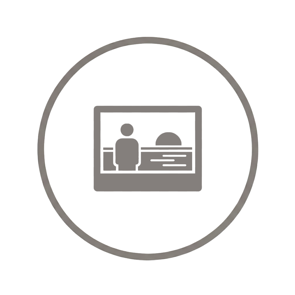 Illustration of a person standing in front of an exhibition display or TV screen showing a landscape with a sun, hills, and lines of text.