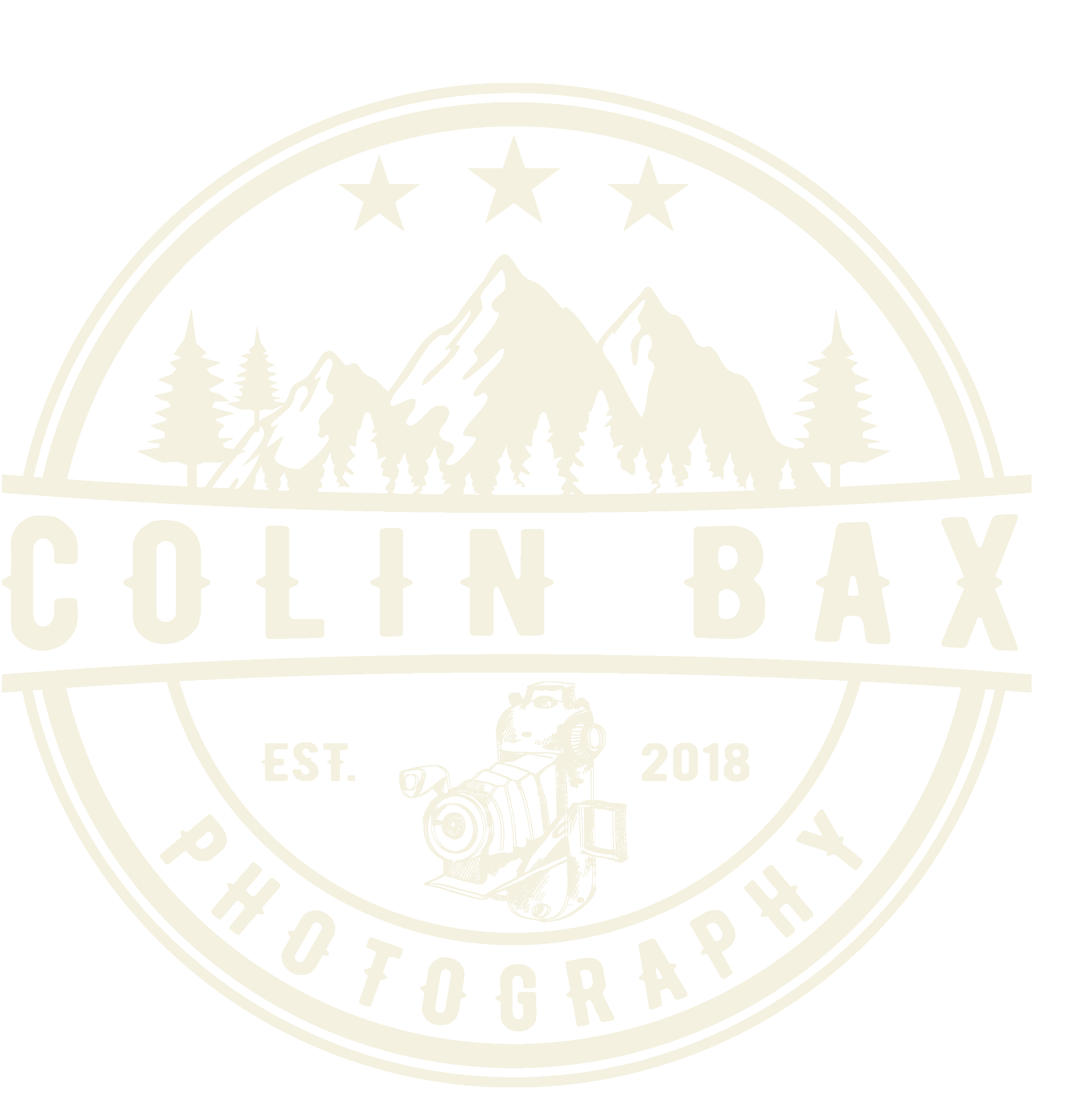 A circular black and white logo with mountains, trees, a camera, and the text 'Colin Bax Photography,' established 2018.