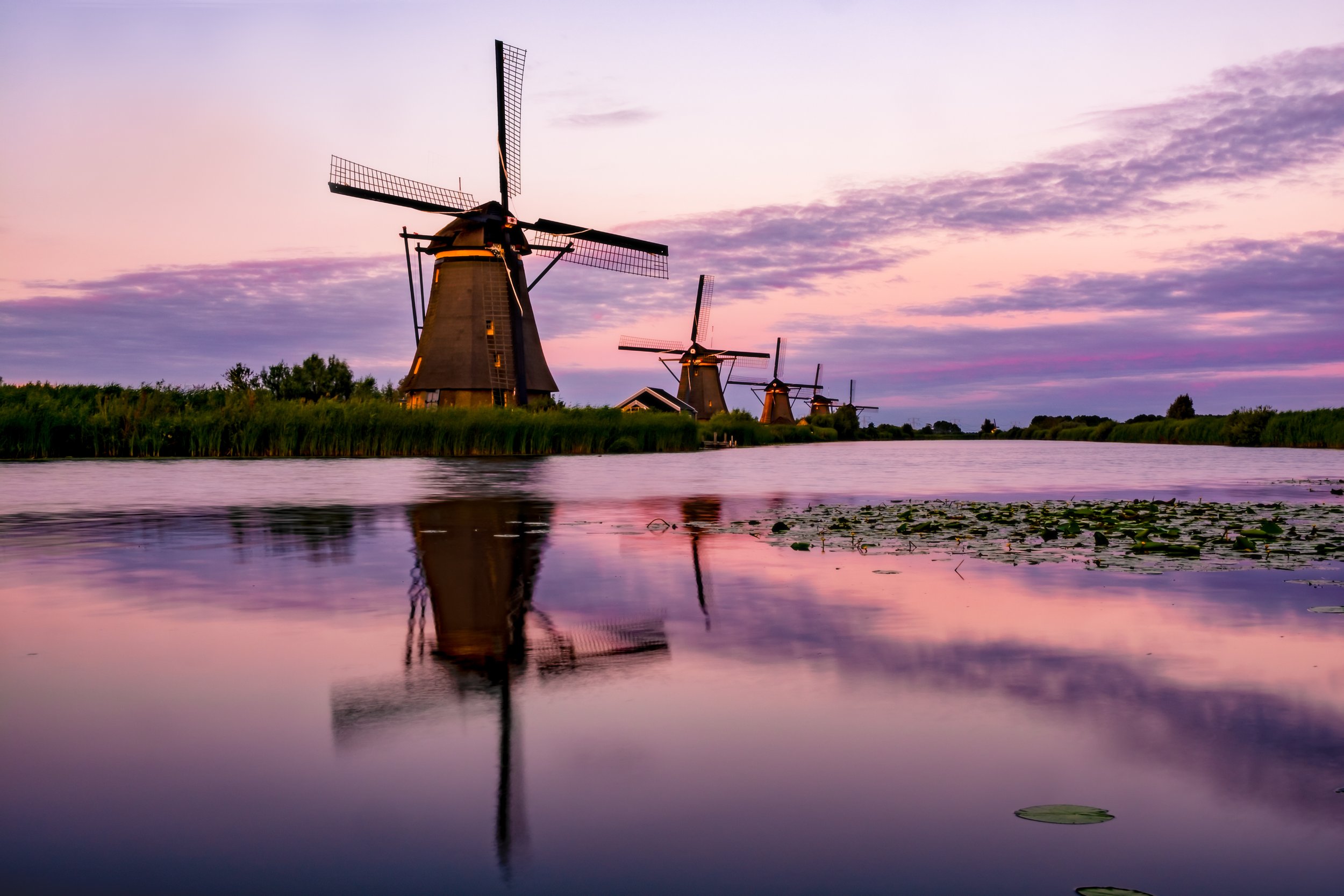 Four traditional Dutch windmills along a river during sunset with pink and purple sky, reflected in the water.