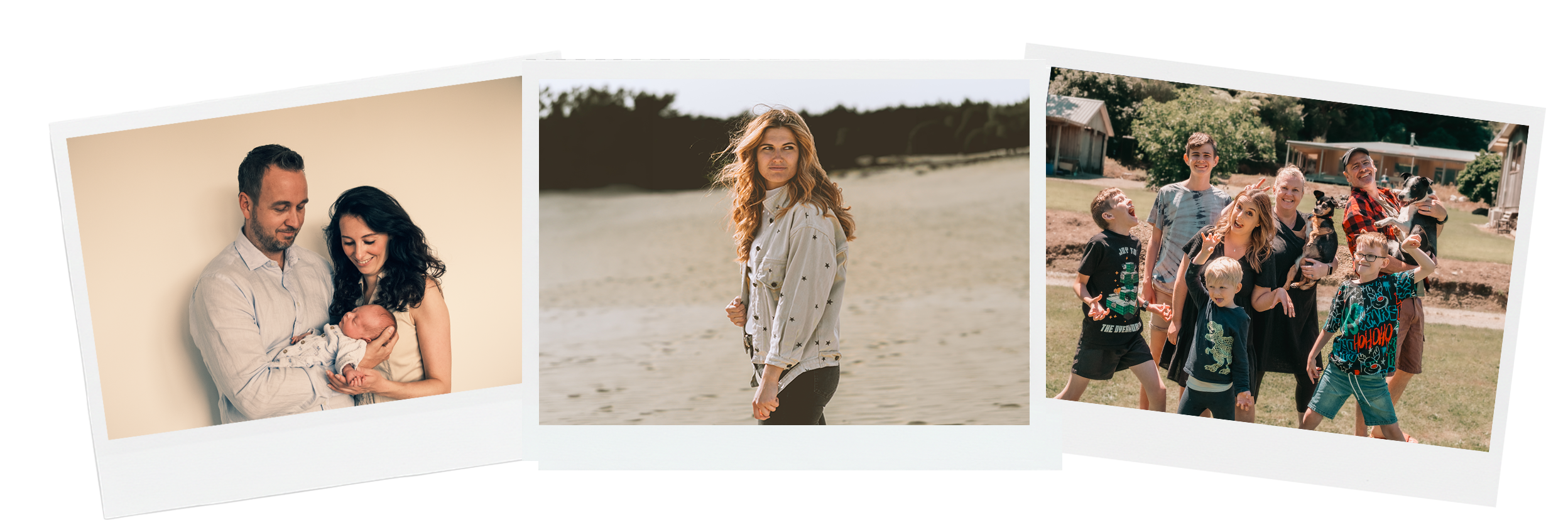 Collection of three printed photographs: first shows a couple holding their newborn baby indoors, second shows a woman standing on a sandy beach, third shows a group of children and adults with dogs outdoors.