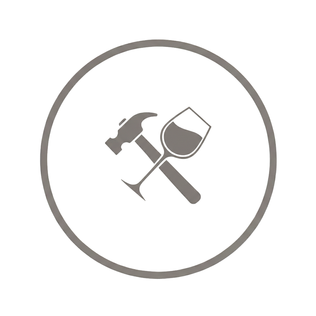 A pictogram of a hammer, a wrench, a glass of wine, and a video game controller inside a circular frame.