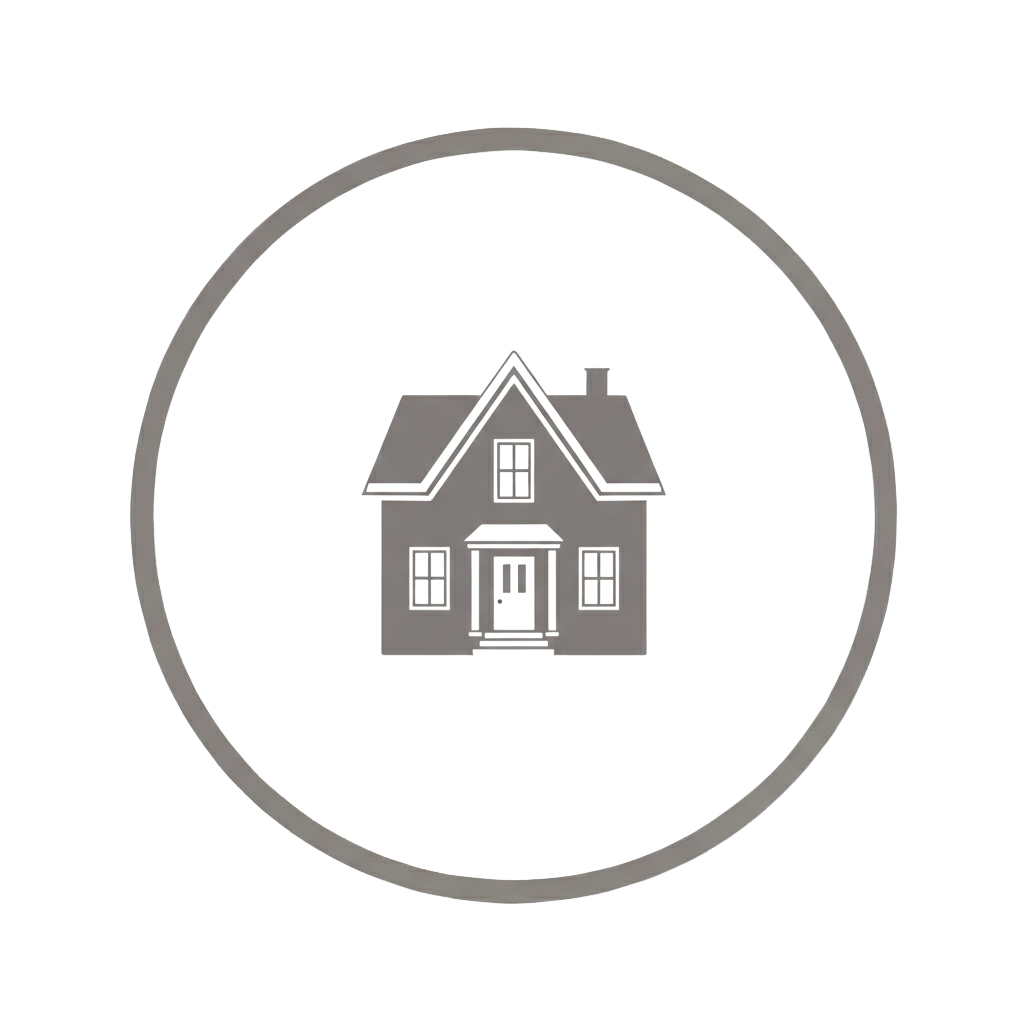 Icon of a house inside a circular border, black and white.
