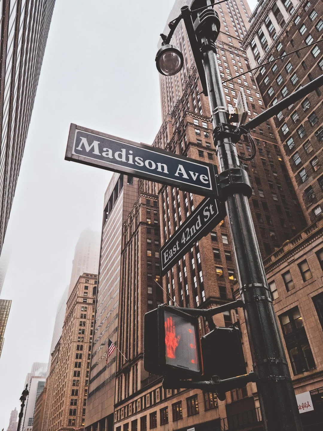 Street signs for Madison Avenue and East 42nd Street in New York City, with tall skyscrapers and a traffic light.