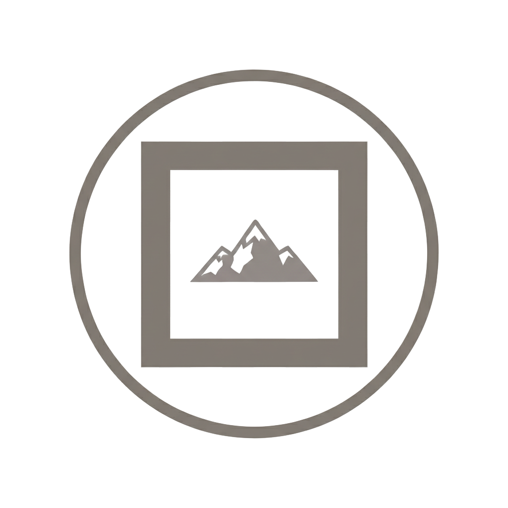 Icon of snow-capped mountains inside a square and circle