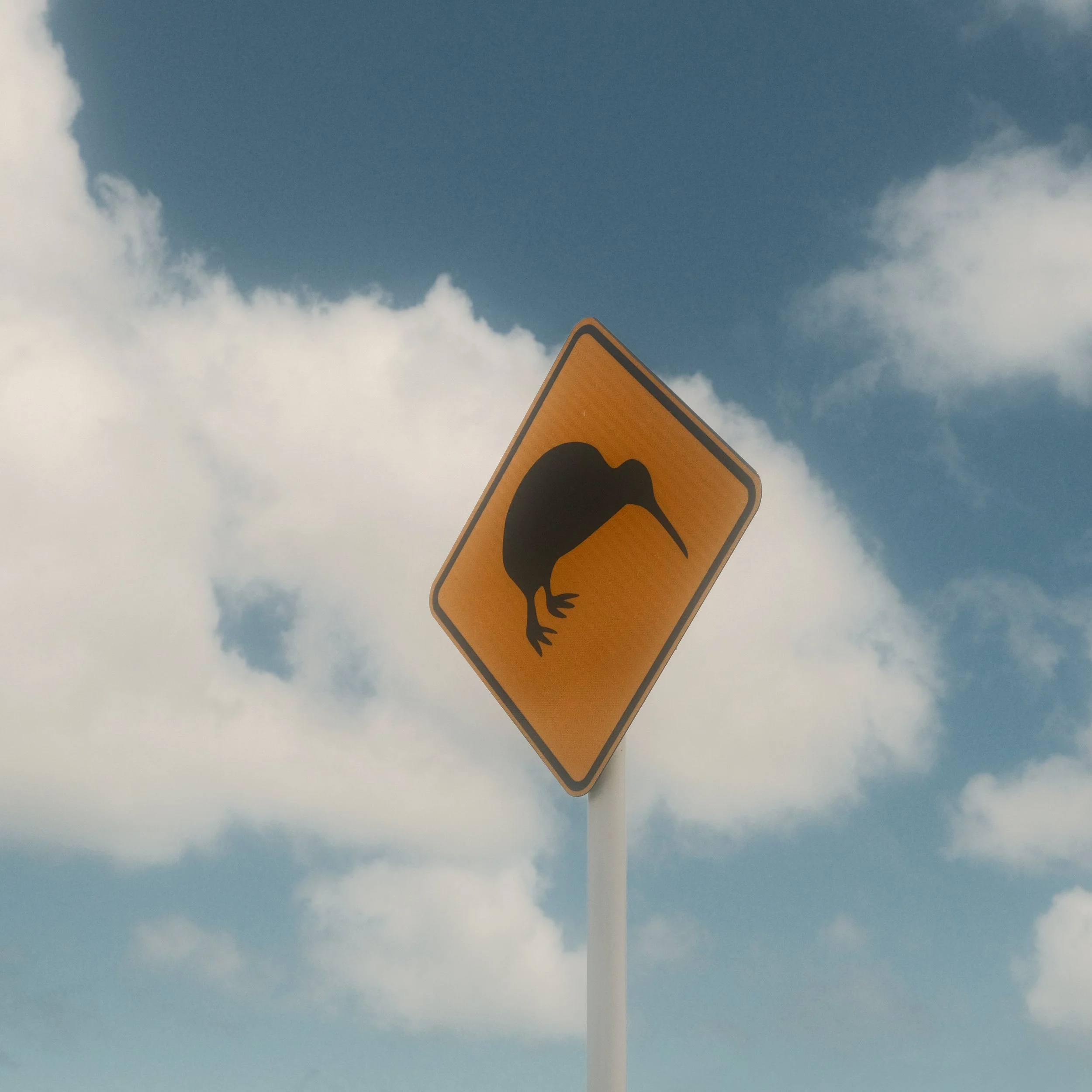 A yellow warning road sign with a silhouette of a kiwi bird against a cloudy blue sky.
