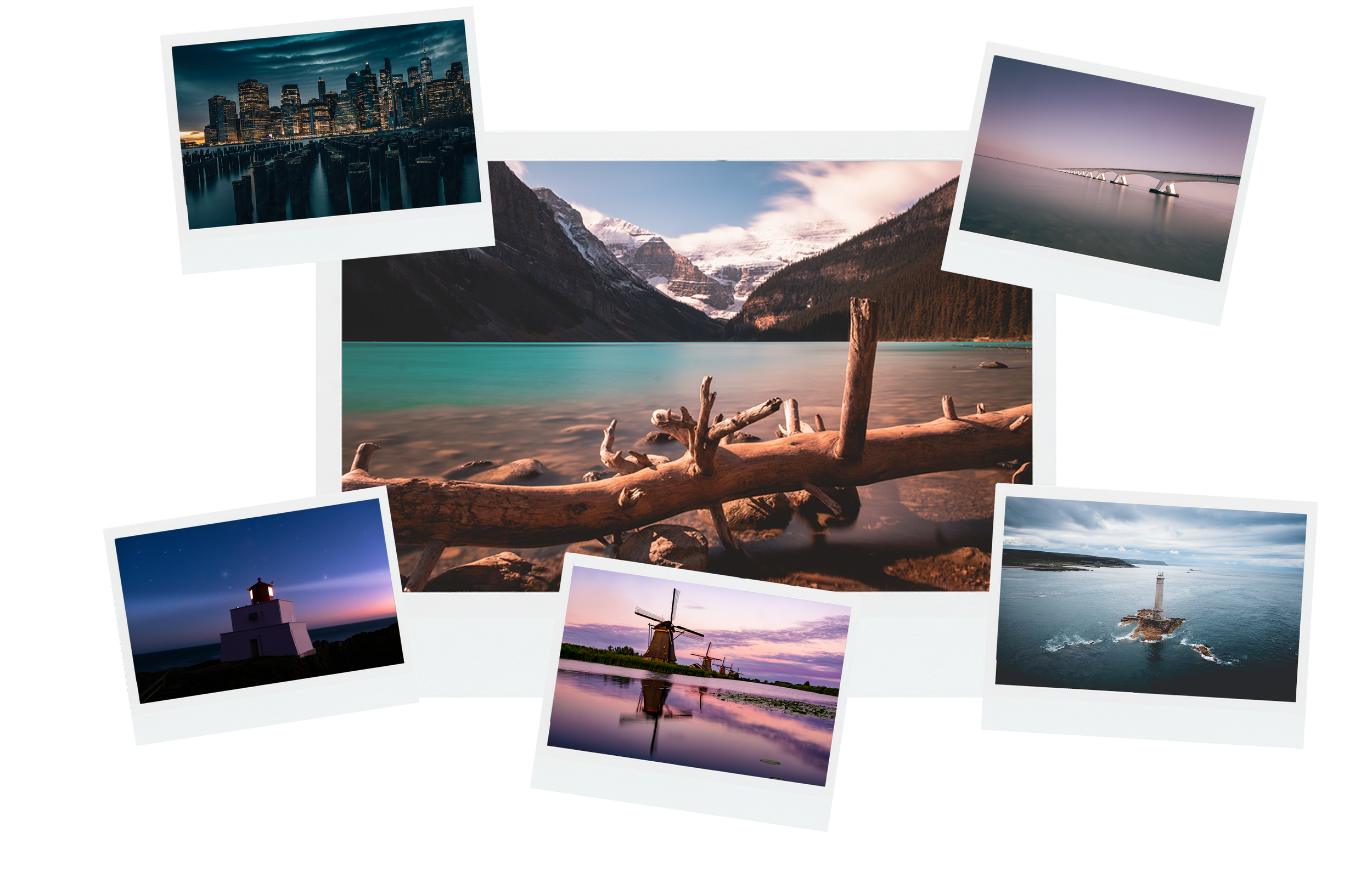 Collage of five landscape photos: a city skyline at dusk, a mountain lake with snow-capped peaks, a bridge over water, a lighthouse at night, and a windmill near a body of water.