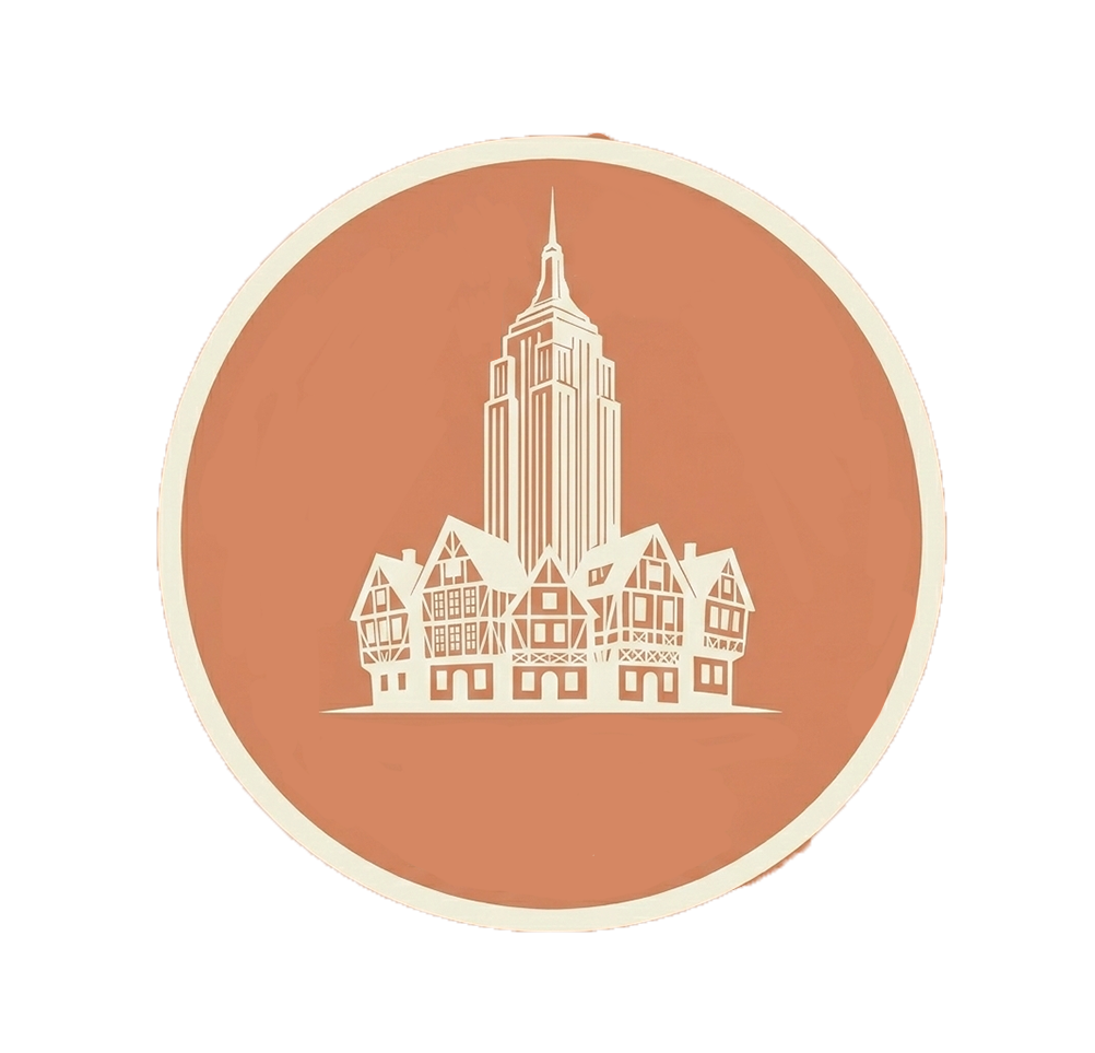Circular logo with a building resembling the Empire State Building and a group of smaller houses at its base, all in a white outline on a brown background.