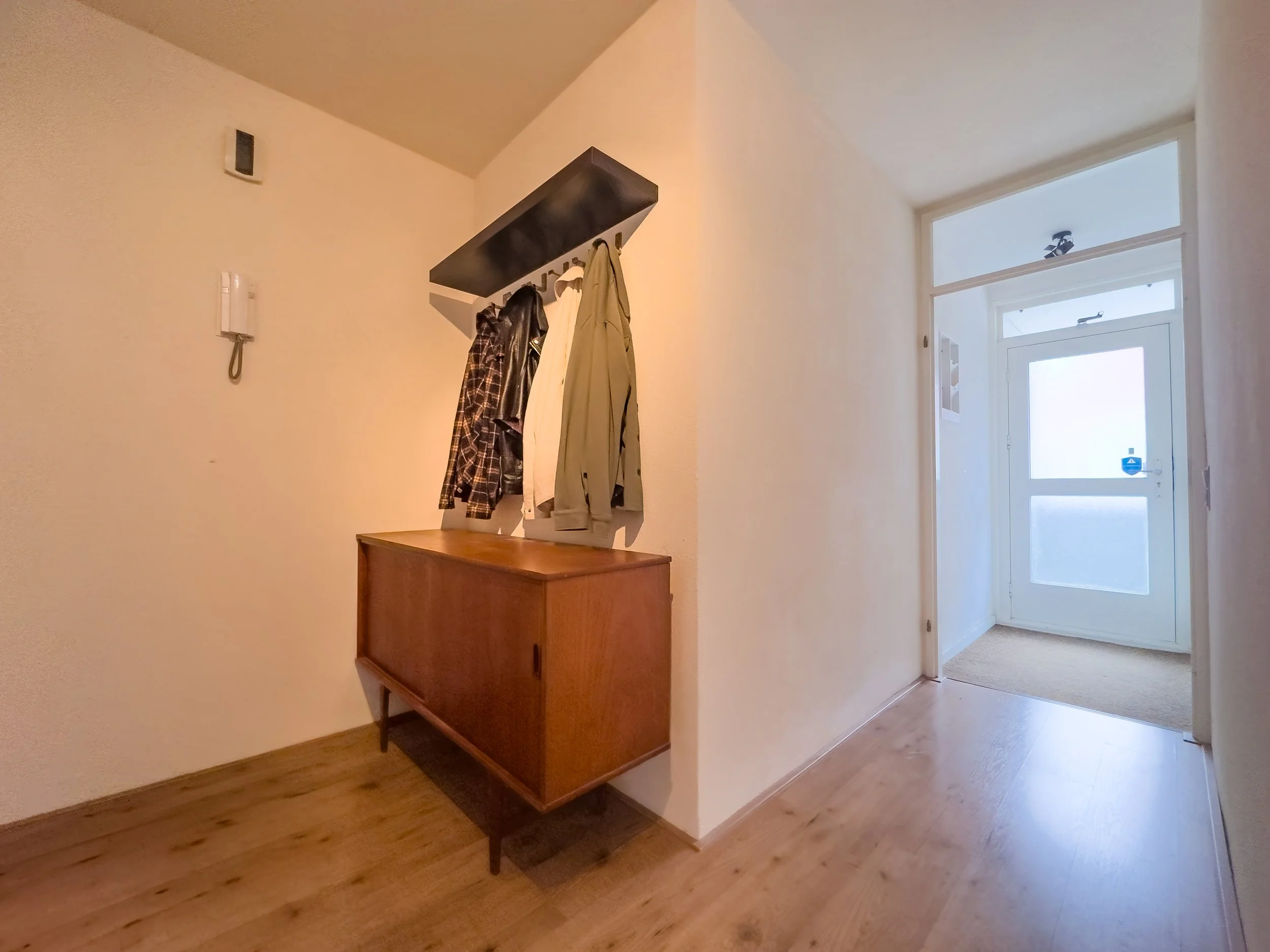 Hallway with a wooden sideboard, hanging clothes on a wall-mounted coat rack, front door with glass panels, wooden flooring, and beige walls.