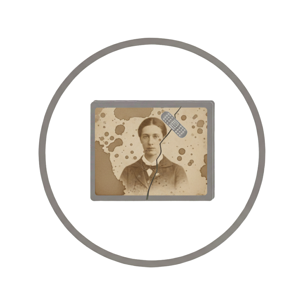 A sepia-toned portrait photograph of a woman with a bouquet of flowers in her hair, covered by a digital clock face with a band-aid-shaped crack and a band-aid attached.