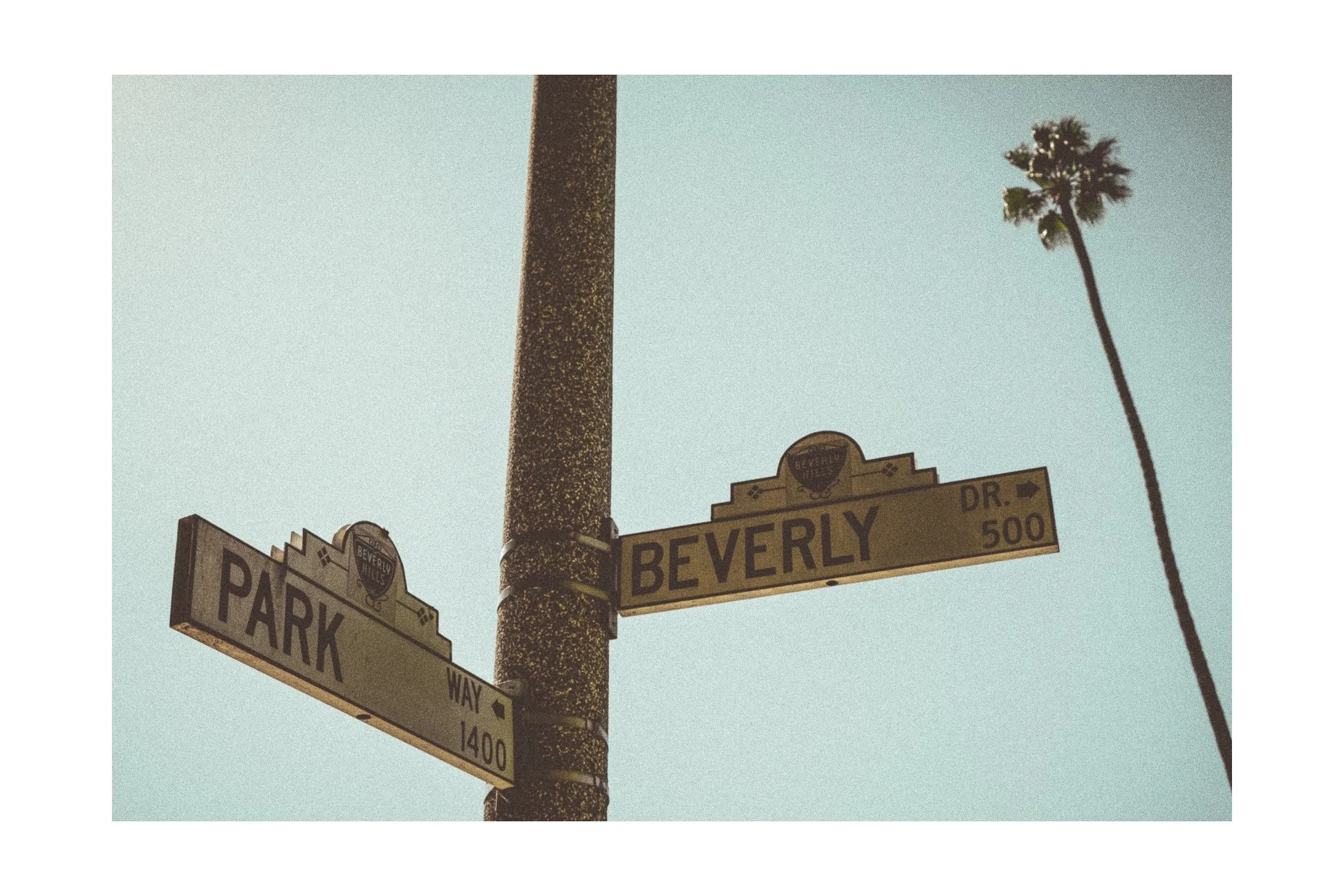 Street signs at the corner of Park Way and Beverly Drive in Beverly Hills, California, with a tall palm tree and a clear sky in the background.