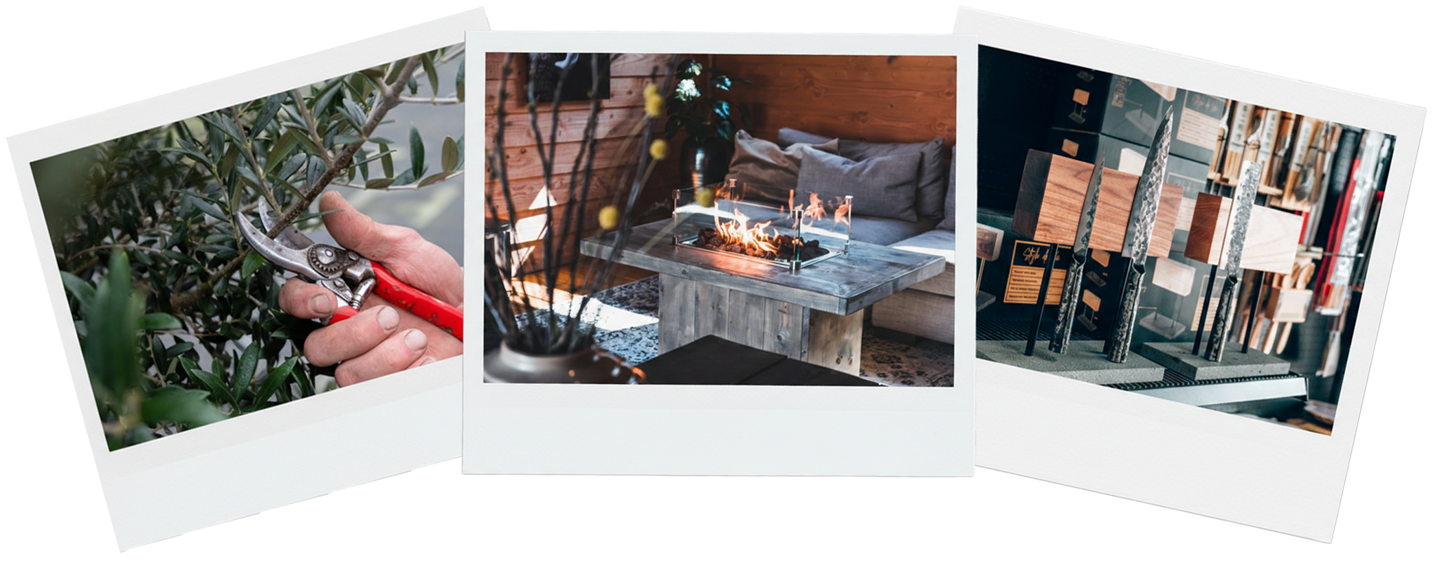 Three photographs in a photo album, featuring gardening tools, a cozy living room with a fireplace, and a display of wood samples.