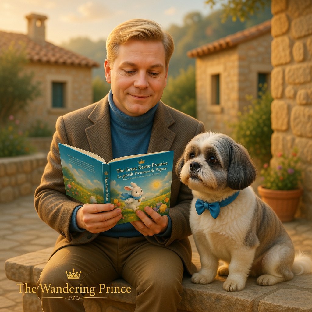 Nicolas, the Wandering Prince, sitting on a stone bench in a sunny Mediterranean village, reading a bilingual English and French children's book titled 'The Great Easter Promise' to his stylish Shih Tzu, Roscoe.