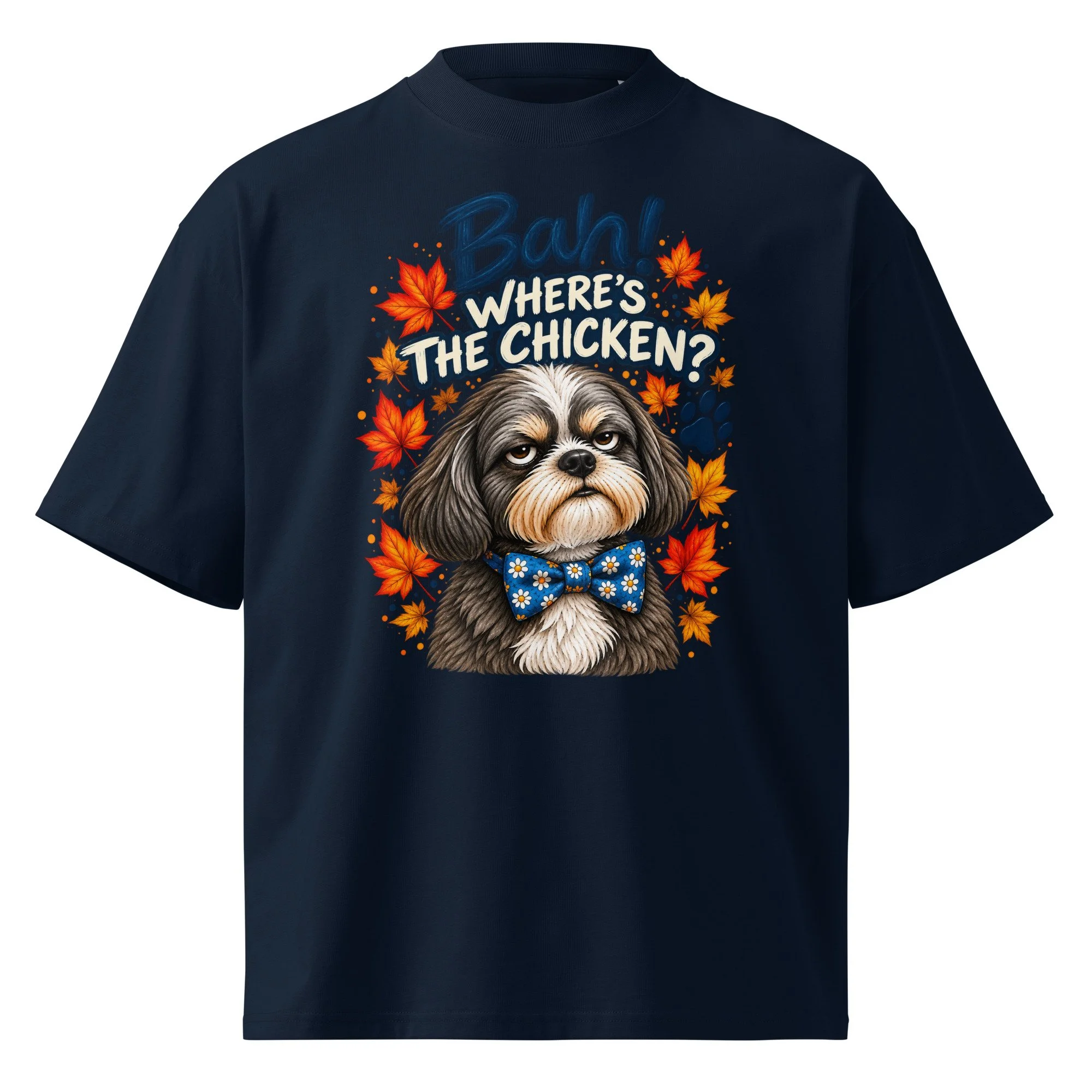 Navy Bah! Where's the Chicken? oversized organic tee, front: grumpy Duke Roscoe in a blue bow tie among autumn leaves