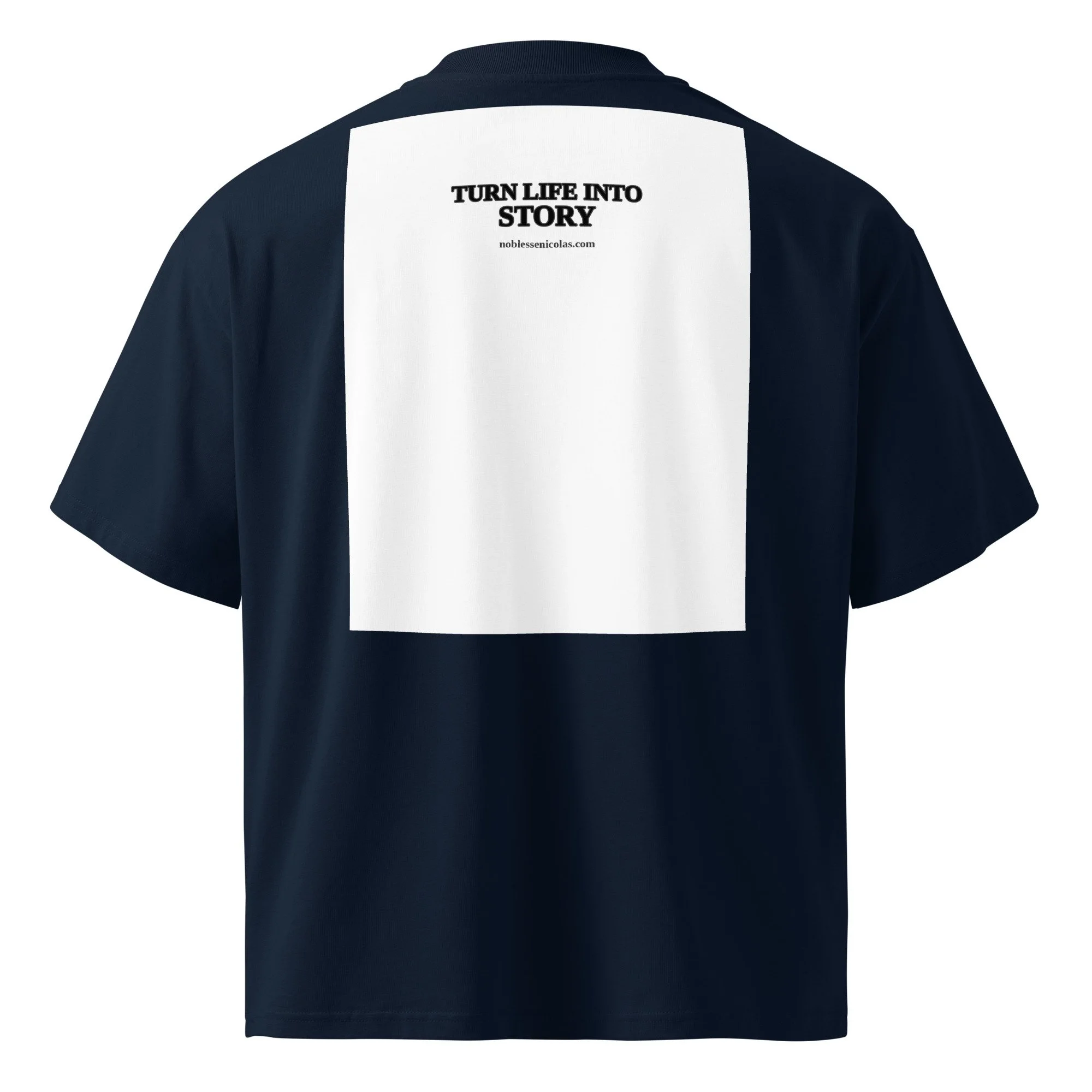 Back of the navy Bah! Where's the Chicken? Duke Roscoe oversized tee with a white Turn Life Into Story print panel