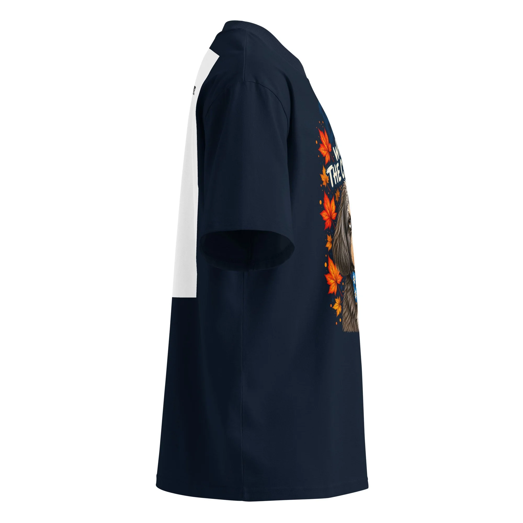 Right side view of the navy Bah! Where's the Chicken? Duke Roscoe oversized organic tee, showing the dropped shoulder