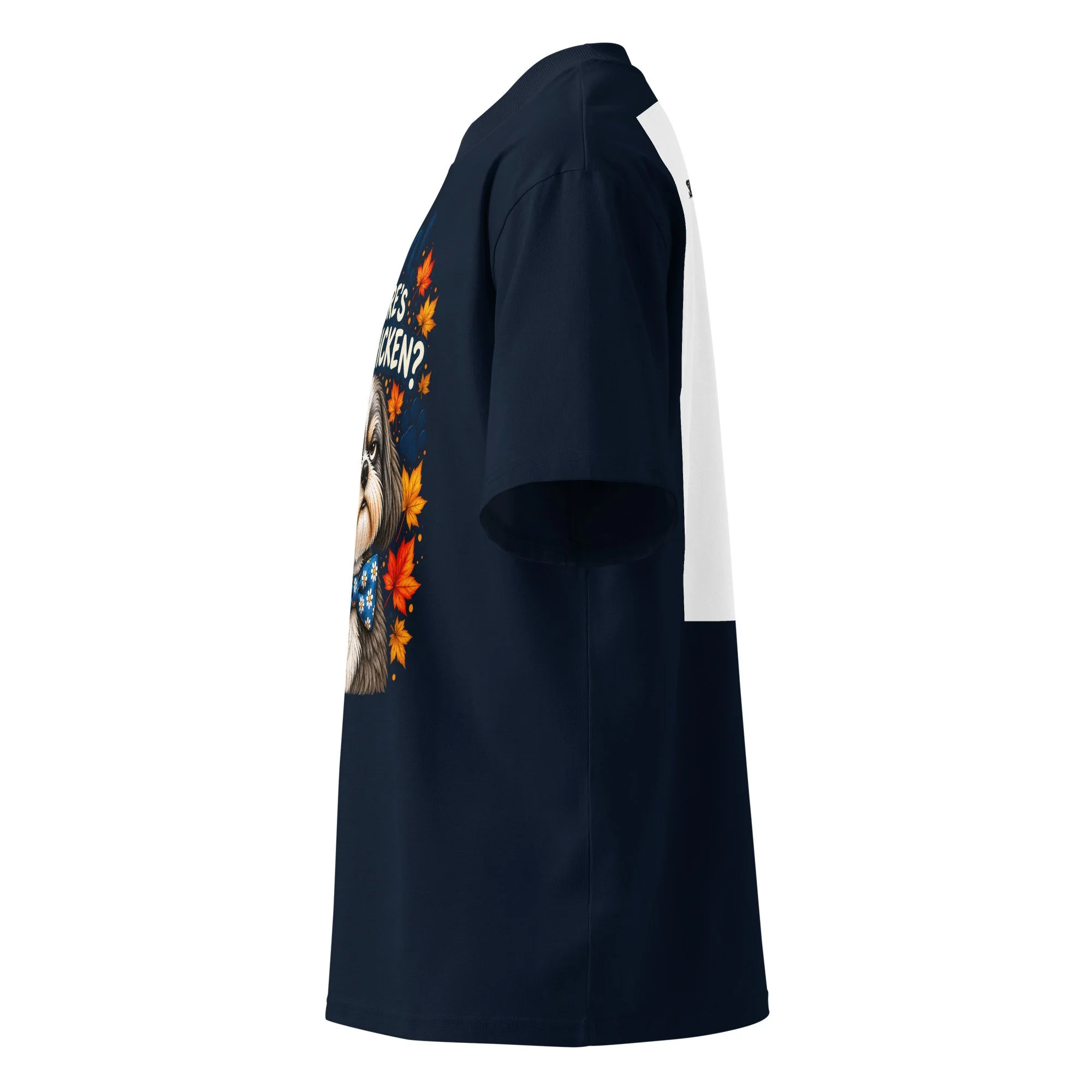 Left side view of the navy Bah! Where's the Chicken? Duke Roscoe oversized organic tee, showing the dropped shoulder