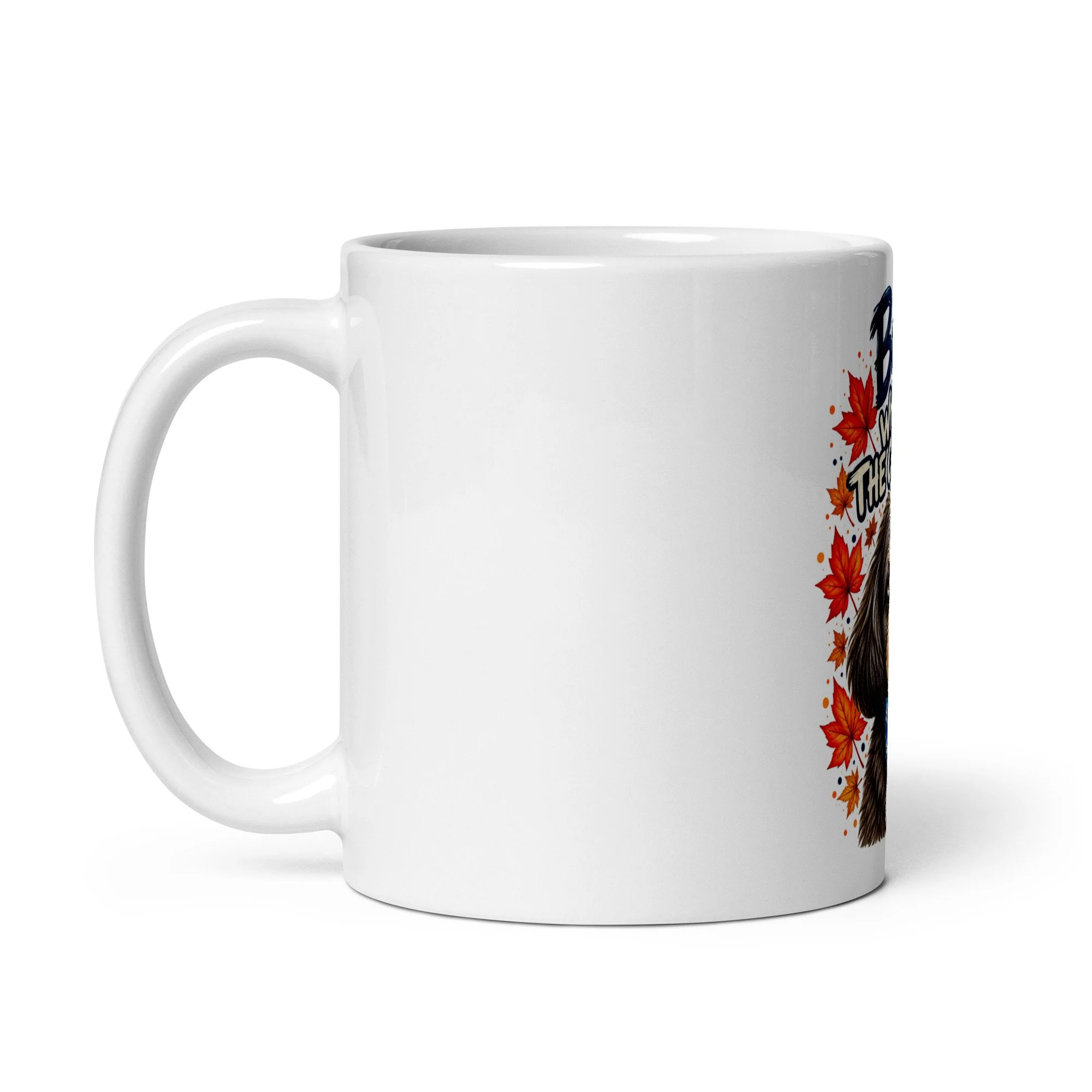 Duke Roscoe Mug, white glossy, handle on left, with the Bah! Where's the Chicken? artwork curving around the far side