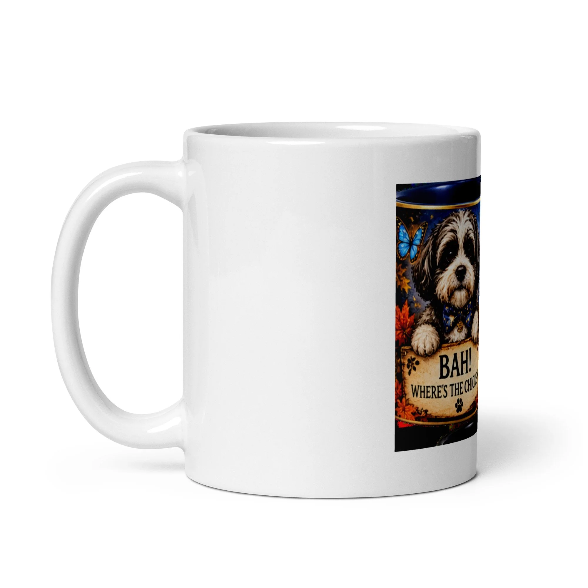 White Duke Roscoe Mug, handle on left, showing a Halloween panel of Roscoe above a Bah! Where's the Chicken? sign
