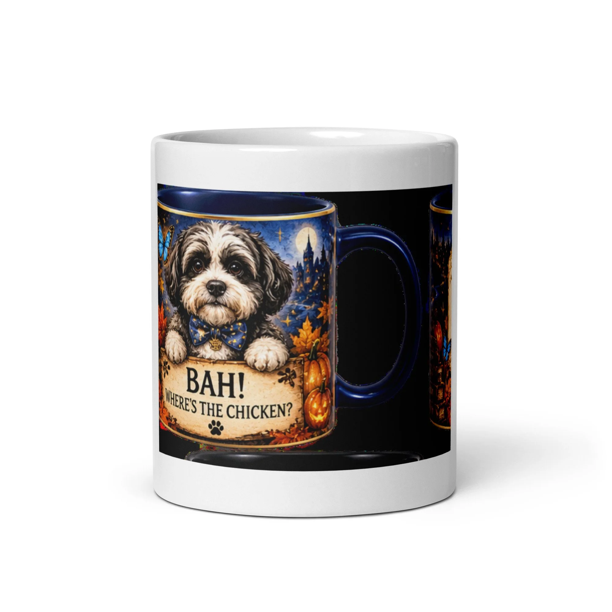 Front of the Duke Roscoe Mug Halloween wrap: Roscoe peeks over a Bah! Where's the Chicken? sign under a starry sky