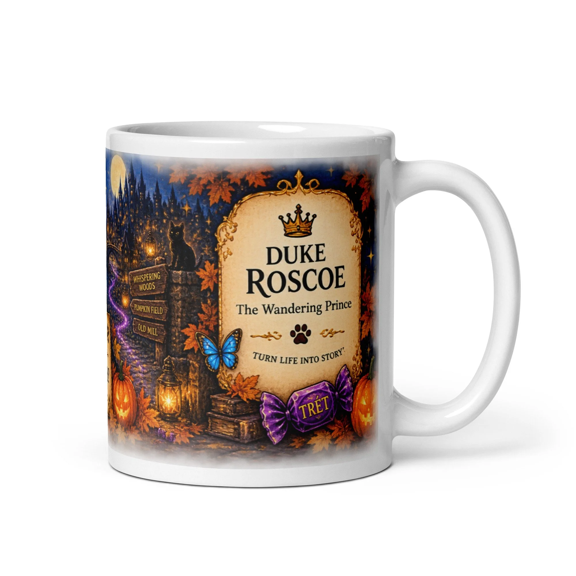 Duke Roscoe Mug, handle on right: a Duke Roscoe, The Wandering Prince crest with pumpkins, a blue butterfly and TRET candy
