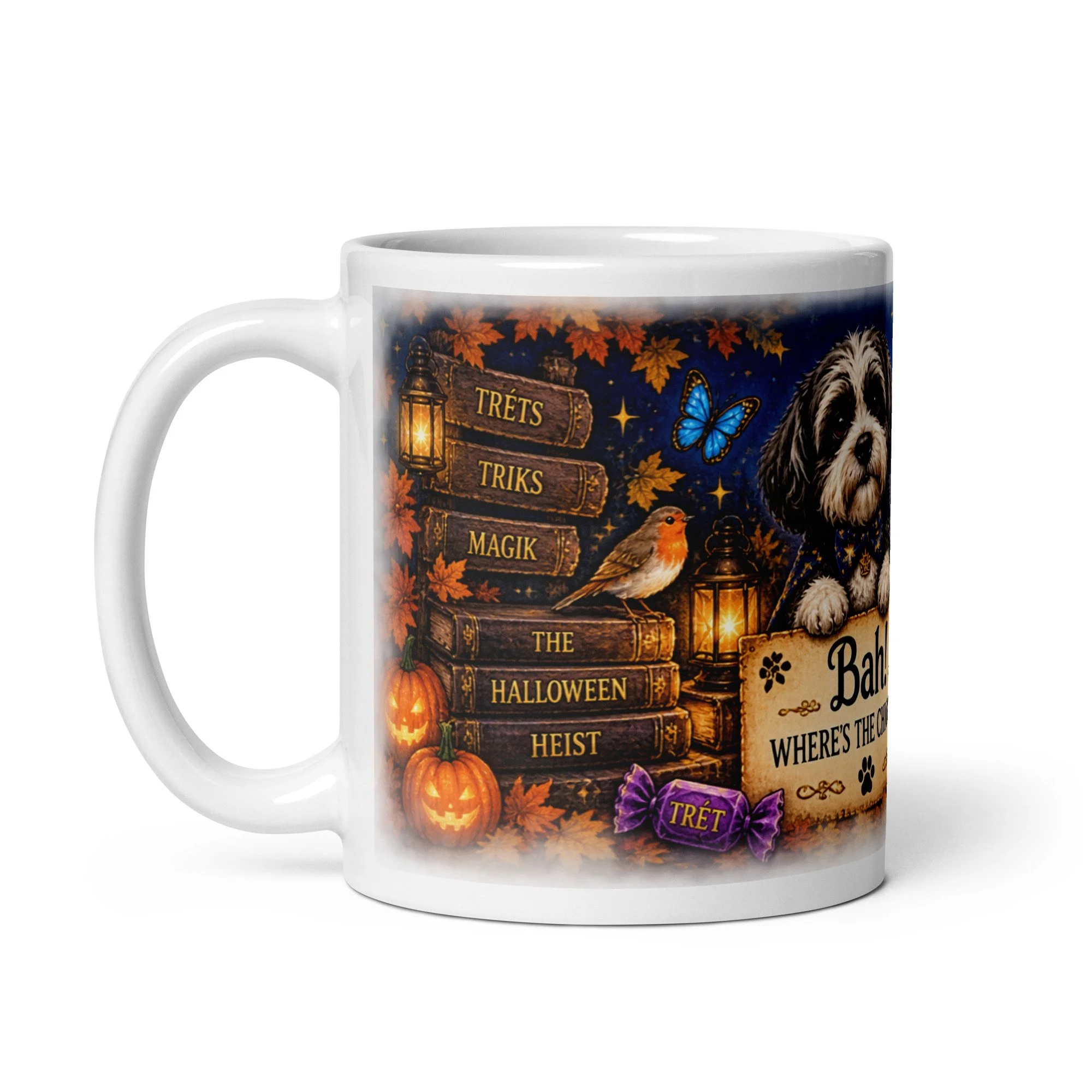 Duke Roscoe Mug, handle on left: books labeled Trets, Triks, Magik and The Halloween Heist beside a robin and Roscoe