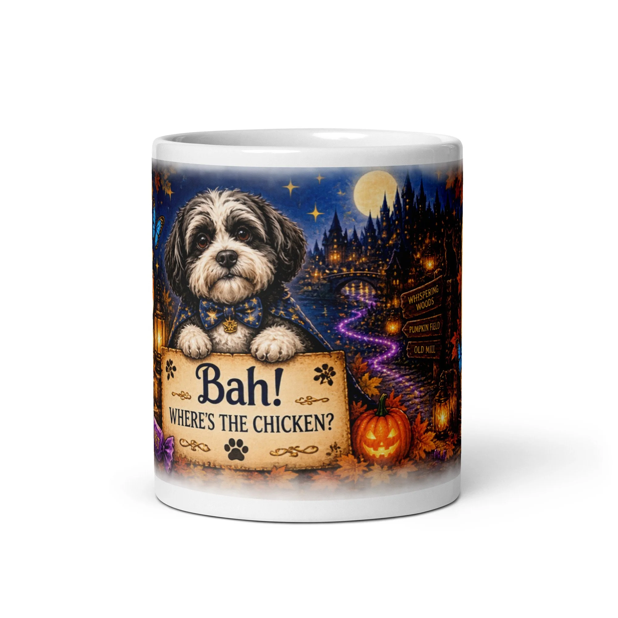 Front of the Duke Roscoe Mug: Roscoe above a Bah! Where's the Chicken? sign with a moonlit castle and violet magic trail