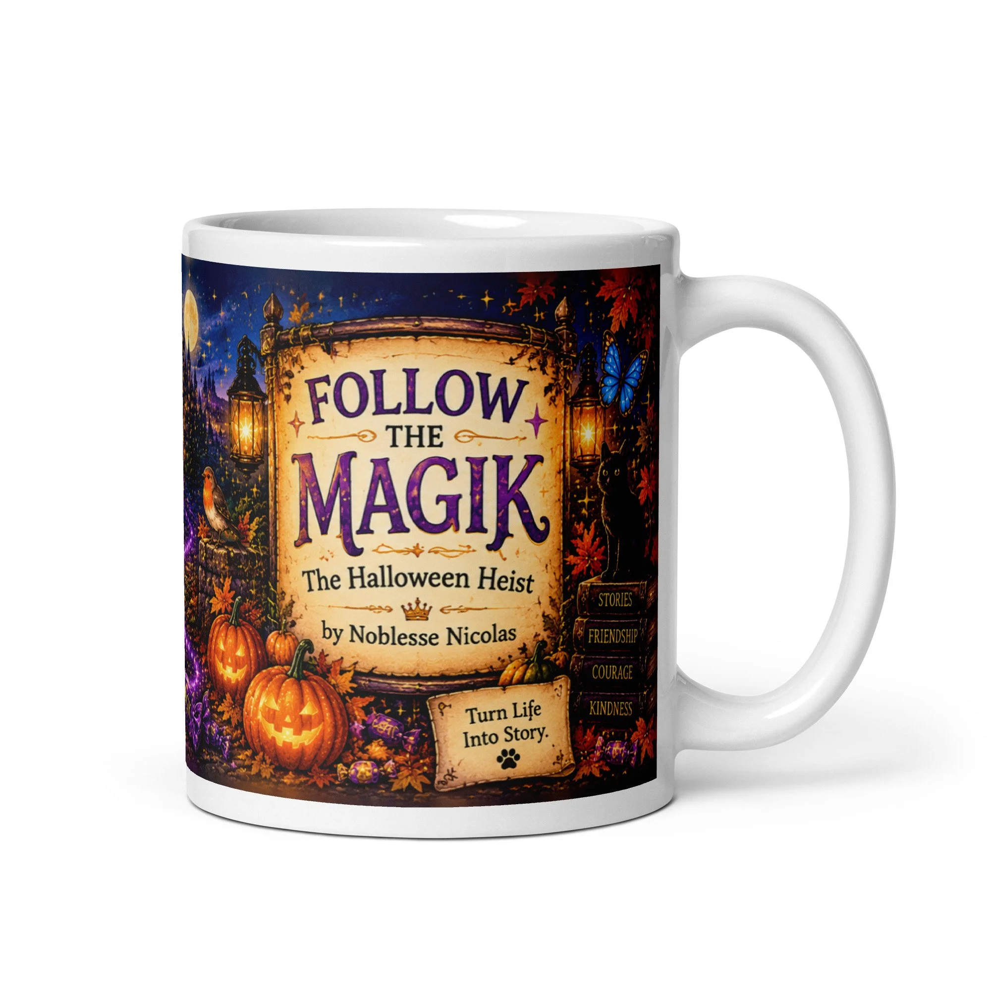 Follow the Magik White Glossy Mug, handle on right: Follow the Magik, The Halloween Heist by Noblesse Nicolas label