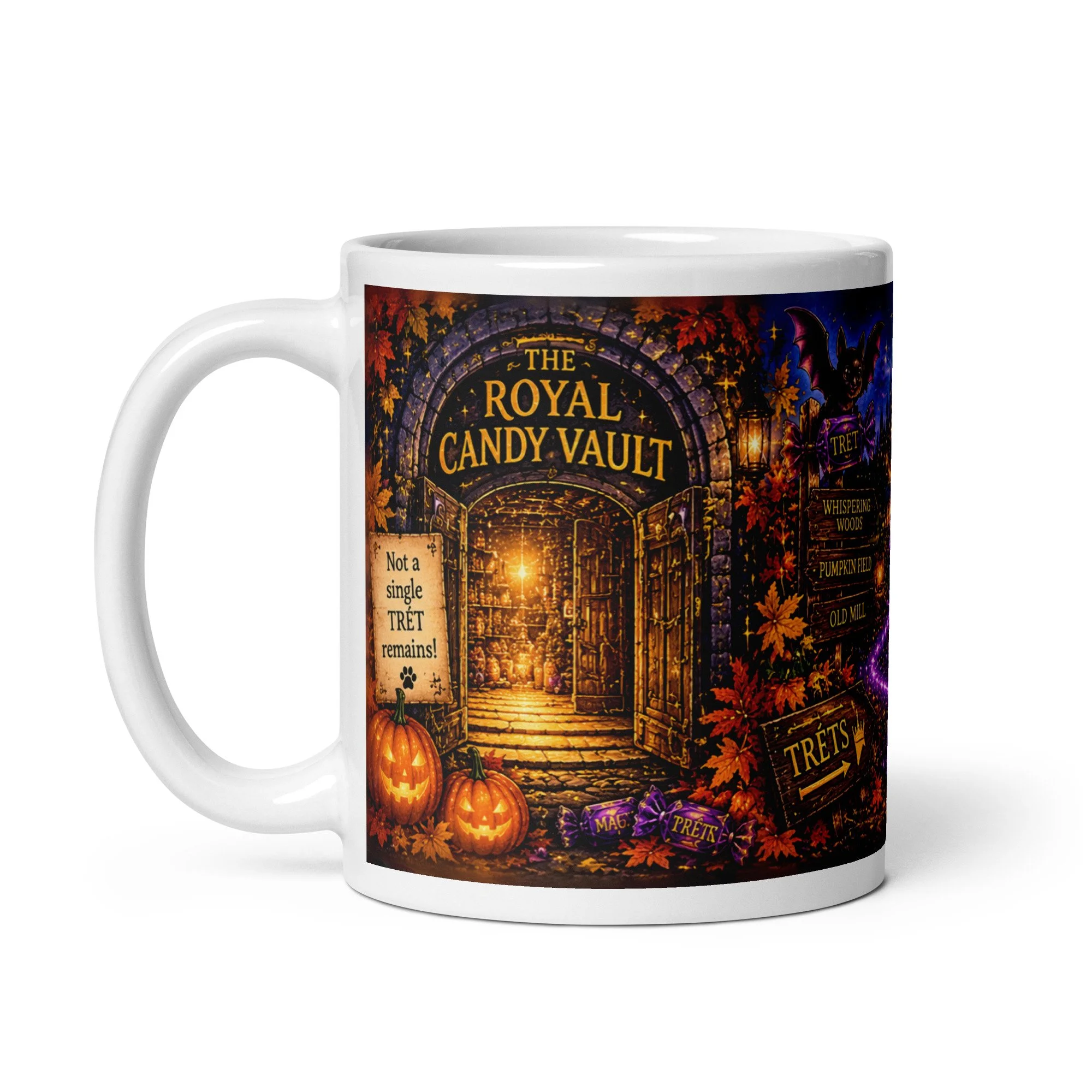 Follow the Magik White Glossy Mug, handle on left, showing The Royal Candy Vault doorway glowing with sweets and pumpkins