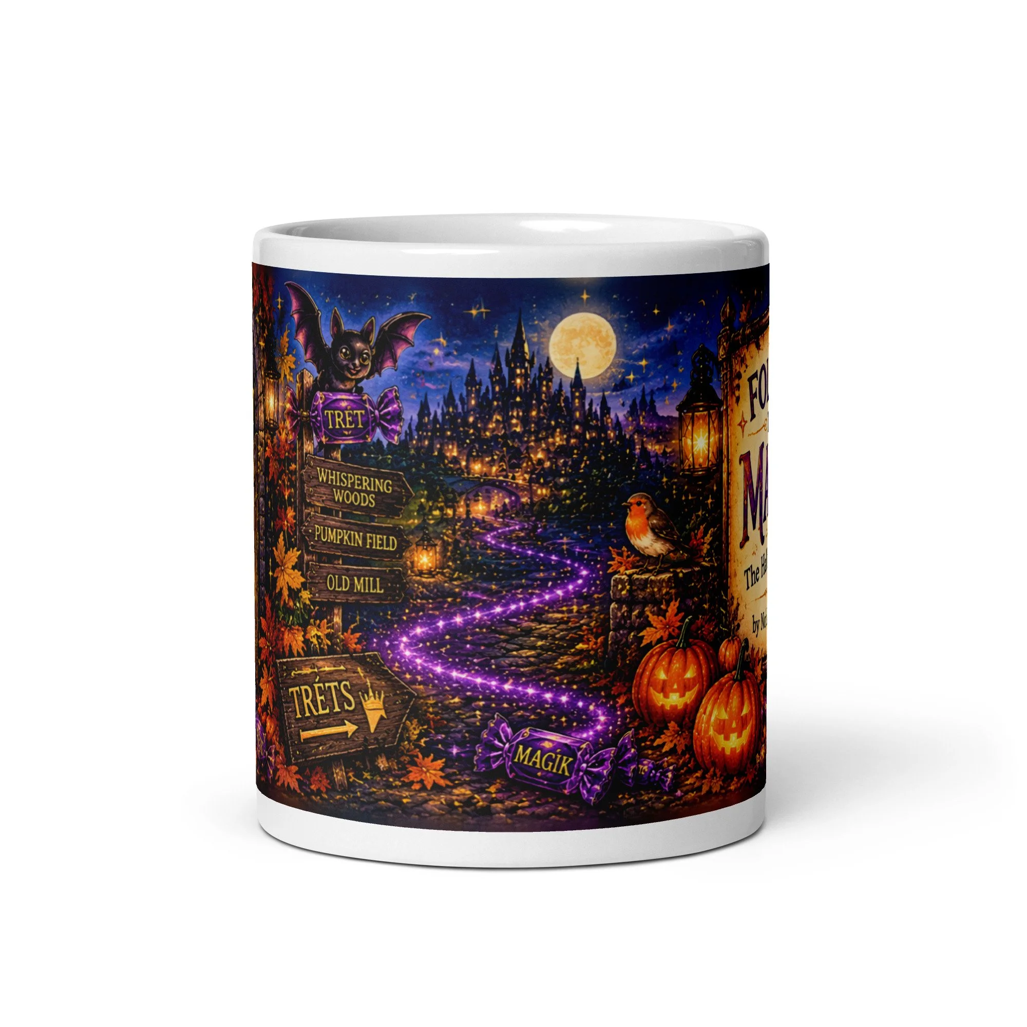 Front of the Follow the Magik White Glossy Mug: violet magic trail, Whispering Woods signpost, bat and moonlit castle
