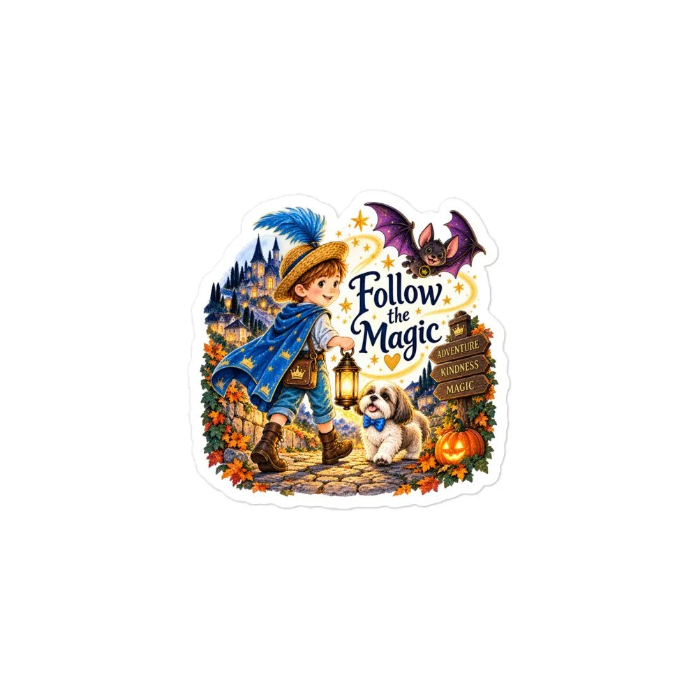 Follow the Magic Kiss-Cut Sticker: a boy in a feathered hat with a lantern walks beside a Shih Tzu in a blue bow tie