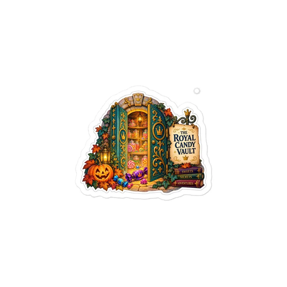 Royal Candy Vault Kiss-Cut Sticker on white: green vault doors open on shelves of candy jars beside a jack-o'-lantern