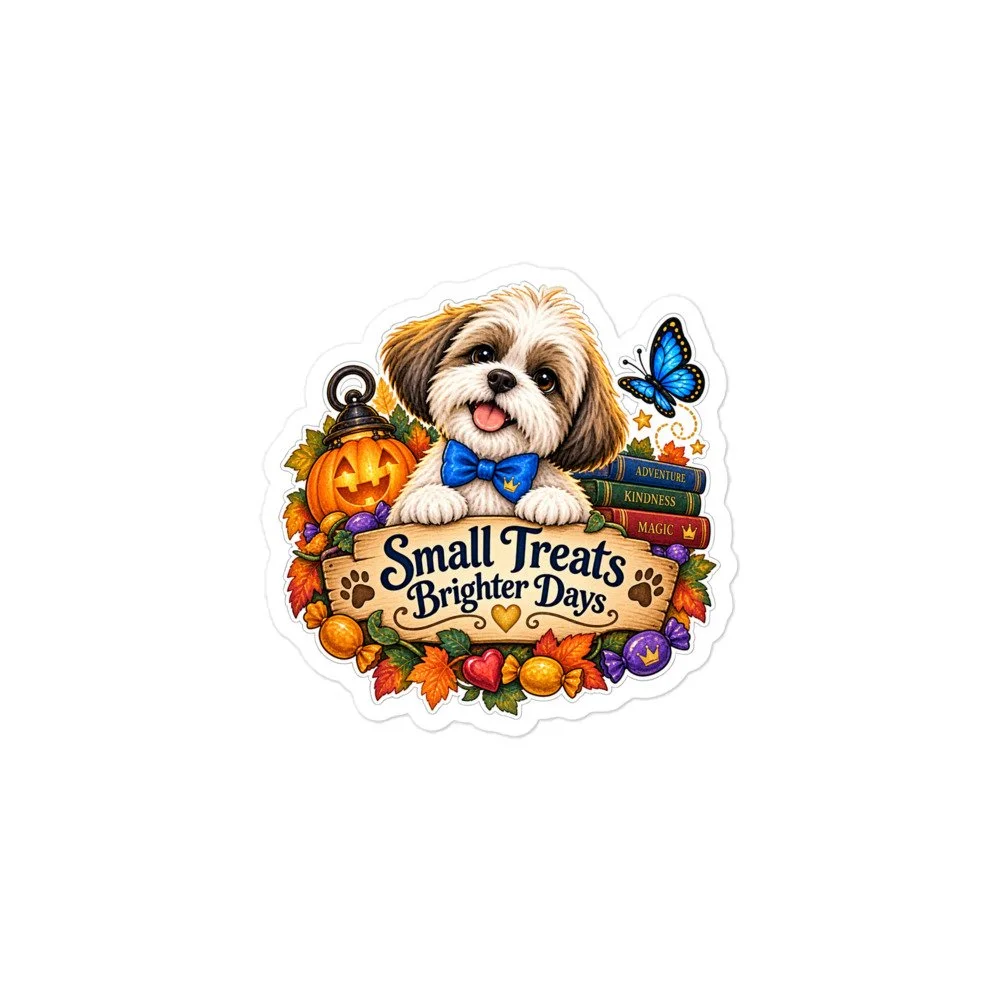 Roscoe kiss-cut sticker: a happy Shih Tzu in a blue bow tie over a Small Treats, Brighter Days sign with a pumpkin