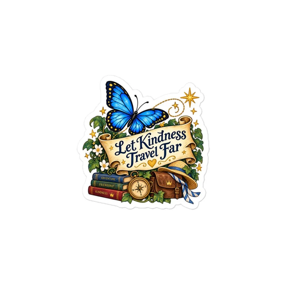 Let Kindness Travel Far kiss-cut sticker: a blue butterfly above a scroll, storybooks, a compass and a leather satchel