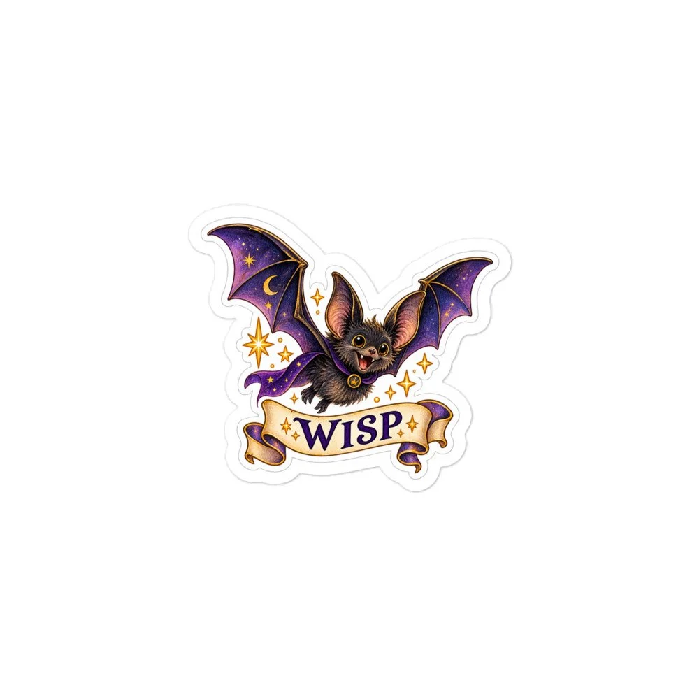 Wisp Bat Kiss-Cut Sticker on white: a smiling bat with starry purple wings above a WISP banner