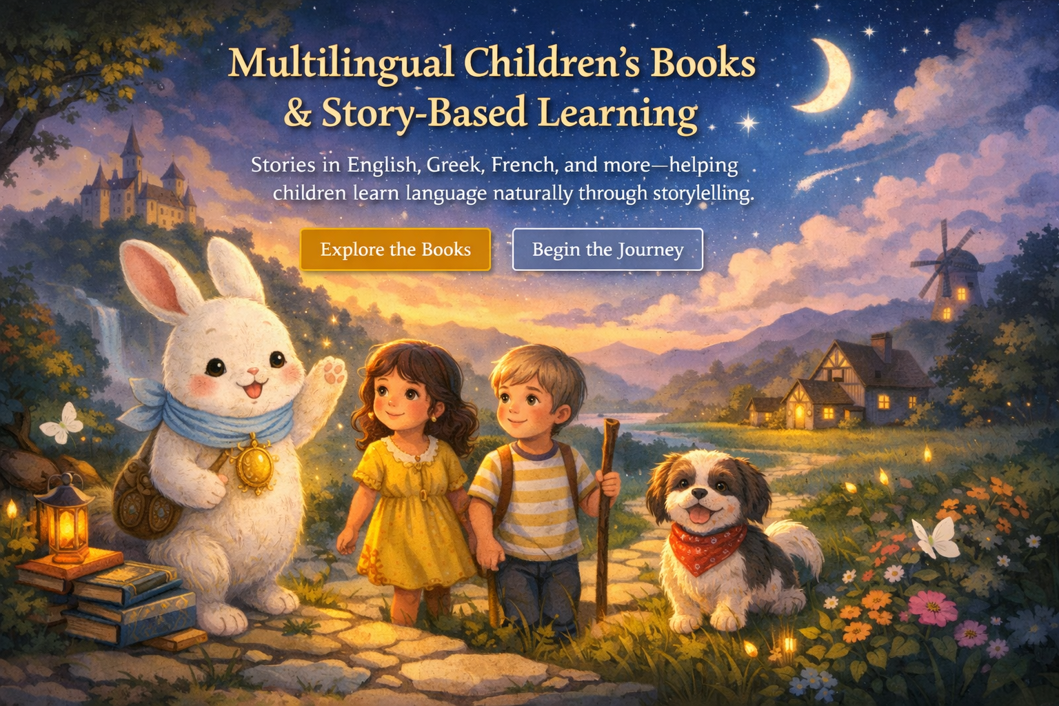 Multilingual children’s storybook illustration featuring Mr. Bunny with jeweled golden egg pendant guiding two children alongside Roscoe the Shih Tzu in a magical learning scene