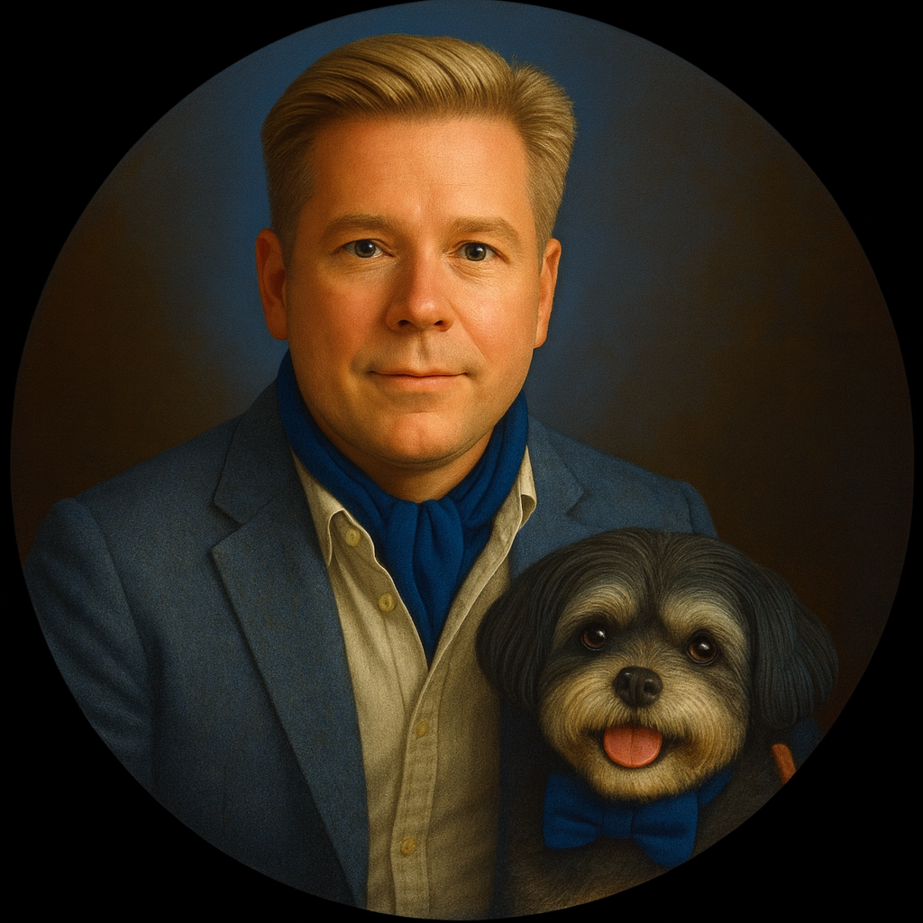 A man with blonde hair wearing a blue blazer, beige shirt, and blue scarf, posing with a small dog also dressed in a blue bow tie. The background is dark with a blue gradient.