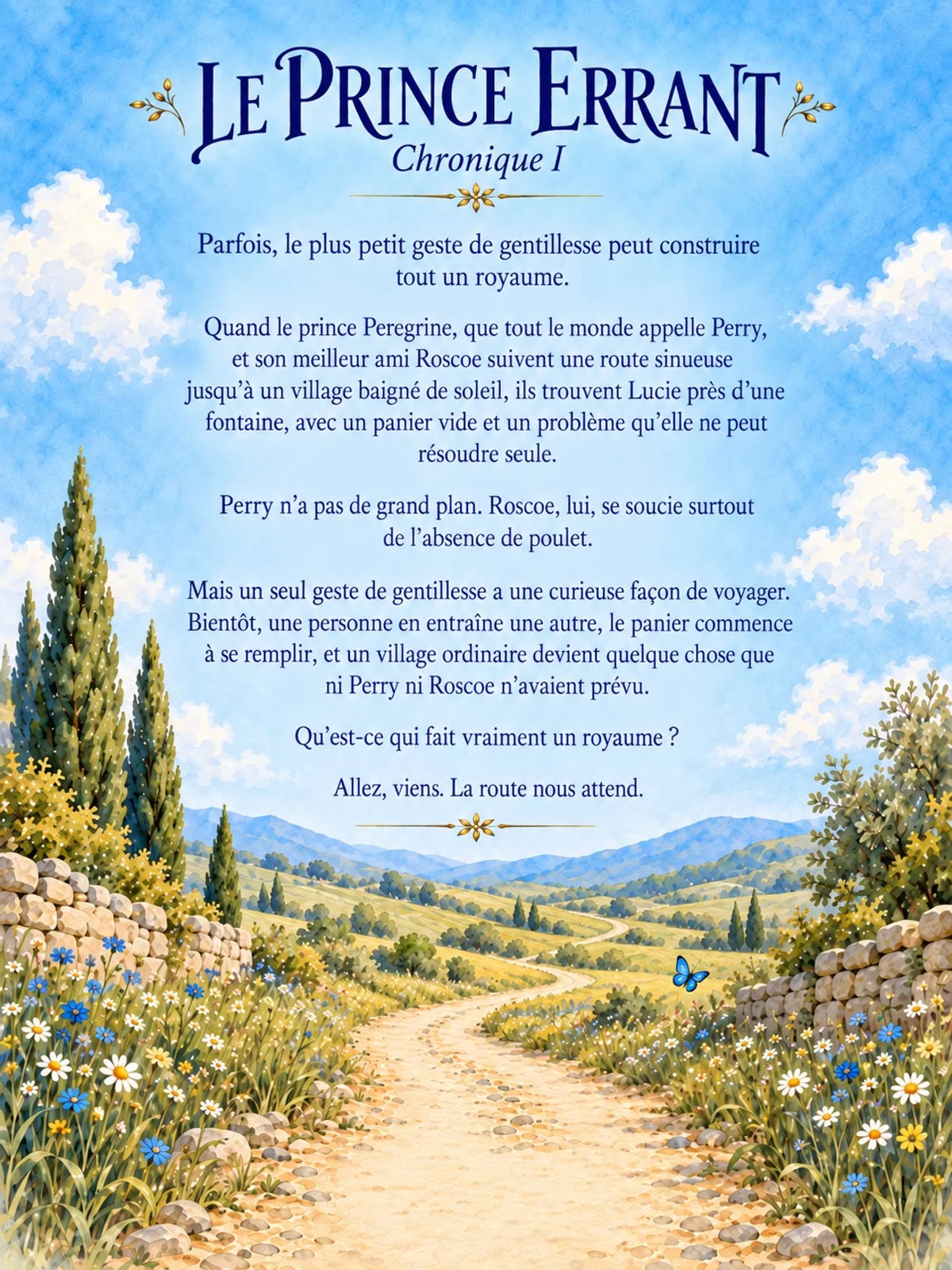 Quatrième de couverture d'Un Royaume sans murs : le résumé de l'histoire au-dessus d'un chemin de campagne ensoleillé