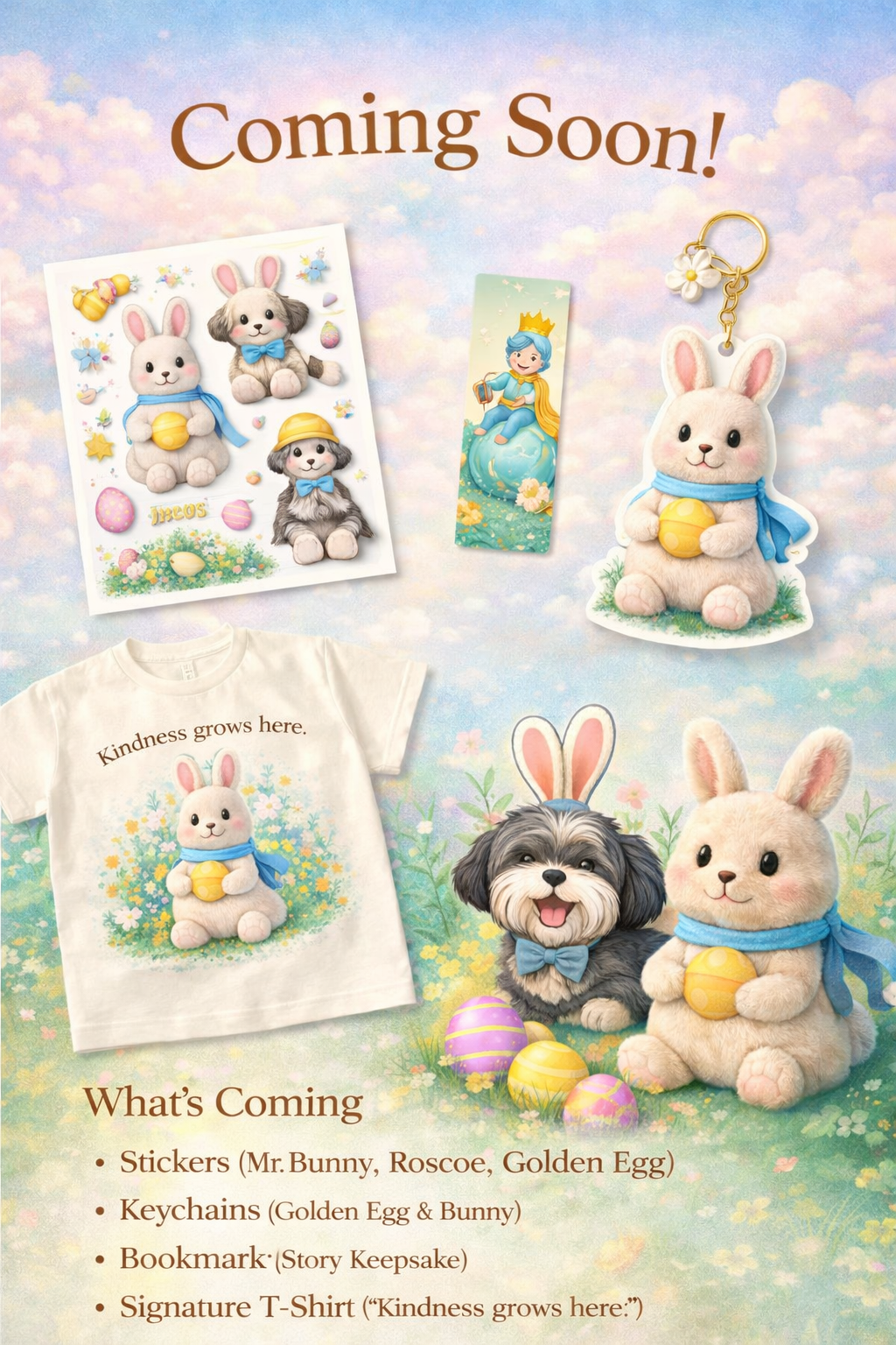 Announcement of upcoming products with Easter theme, including bunny stickers, a bookmark depicting a queen, a bunny keychain with a golden egg, and a T-shirt with a bunny and the phrase "Kindness grows here"; background features pastel clouds and flowers.