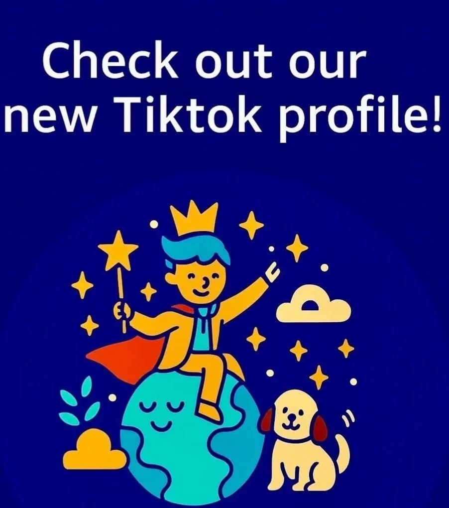 The Wandering Prince’s Emporium TikTok promotion featuring illustrated prince and dog, showcasing bilingual children’s stories, storybooks, and gifts by The Wandering Prince brand