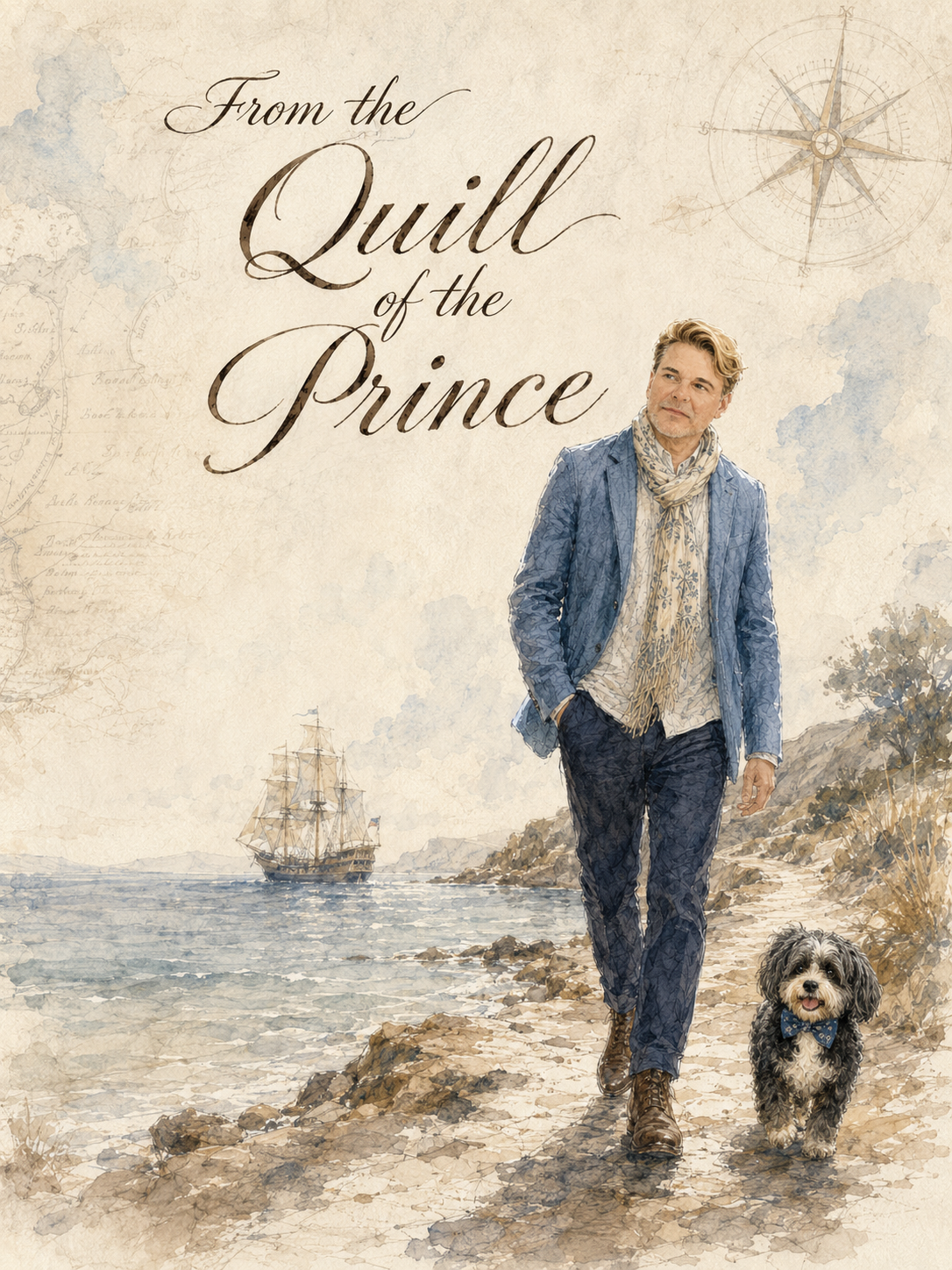 Nicolas, The Wandering Prince, walking along a coastal path with Roscoe, his small black, grey and white Shih Tzu companion known as Duke Roscoe, beneath the words “From the Quill of the Prince.”