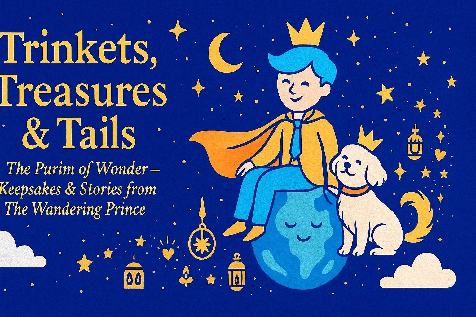 Book cover titled 'Trinkets, Treasures & Tails' with an illustration of a boy with blue hair wearing a crown and cape, sitting on a moon-shaped earth, accompanied by a smiling dog with a crown, surrounded by stars, moons, clouds, and lanterns.