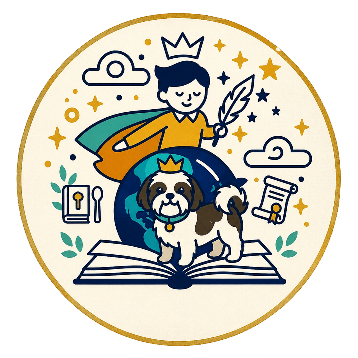 “The Wandering Prince logo featuring a young prince with a quill, a crowned Shih Tzu, an open storybook and globe, surrounded by stars, travel and storytelling symbols.”