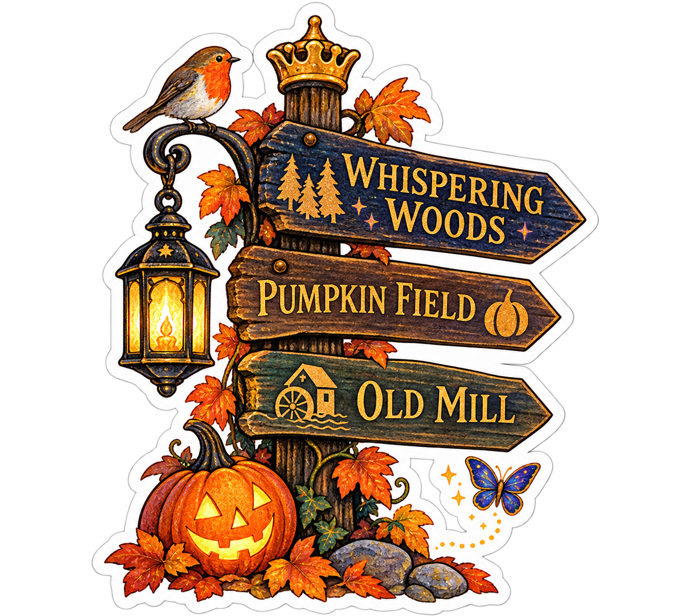 Halloween Signpost — Whispering Woods — Kiss-Cut Sticker