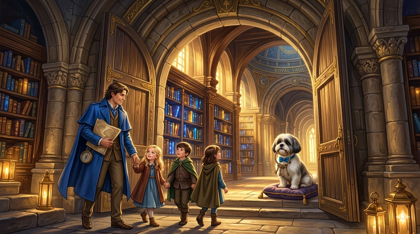 A magical scene inside a grand, ornate library with arched ceilings and tall bookshelves. A young man in a blue cloak is holding hands with a young girl, leading her and two other children through the library. A large, adorable dog with a bow tie sits on a purple cushion near the open doorway, surrounded by glowing lanterns.