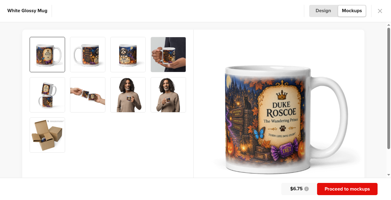 Mockup preview of the white glossy Duke Roscoe Mug with the Duke Roscoe, The Wandering Prince crest wrap design