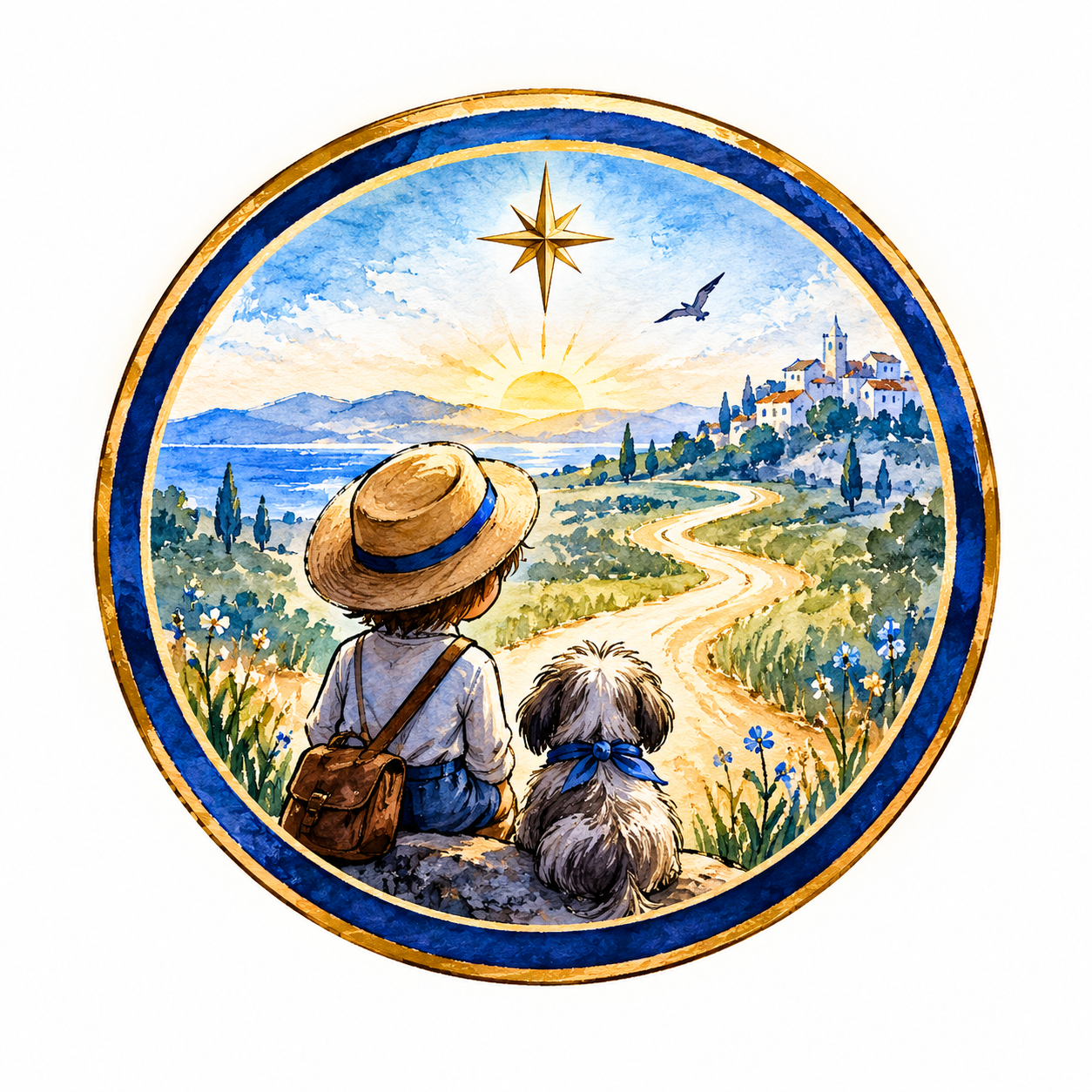 Prince Peregrine and Roscoe the Shih Tzu sit together overlooking a Mediterranean landscape as a winding road leads towards a distant village beneath a golden star.