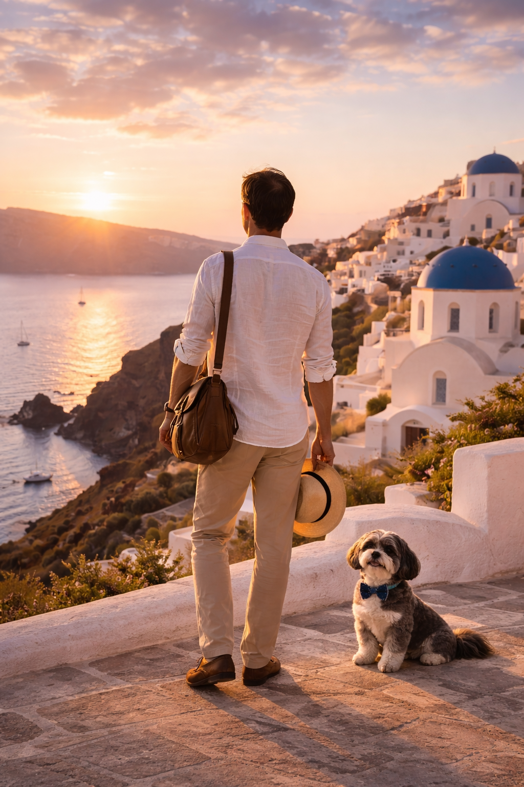 A man and a dog watching sunset over a coastal town with white buildings and blue-domed roofs.