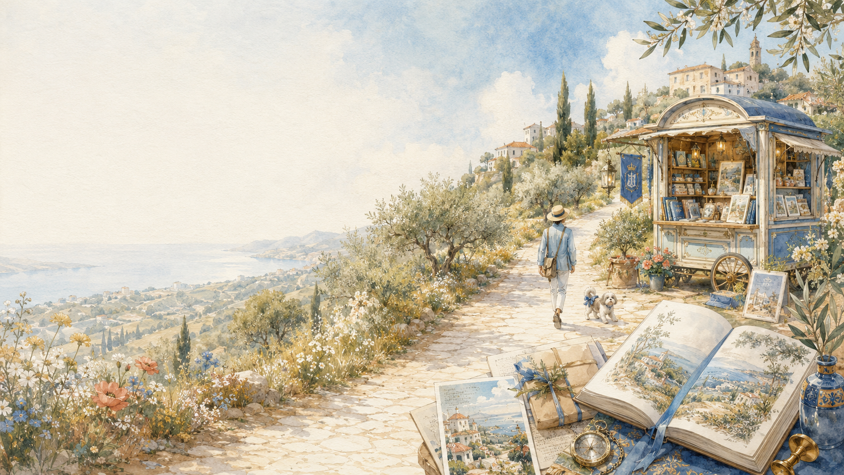 Watercolour traveller with dog and cart