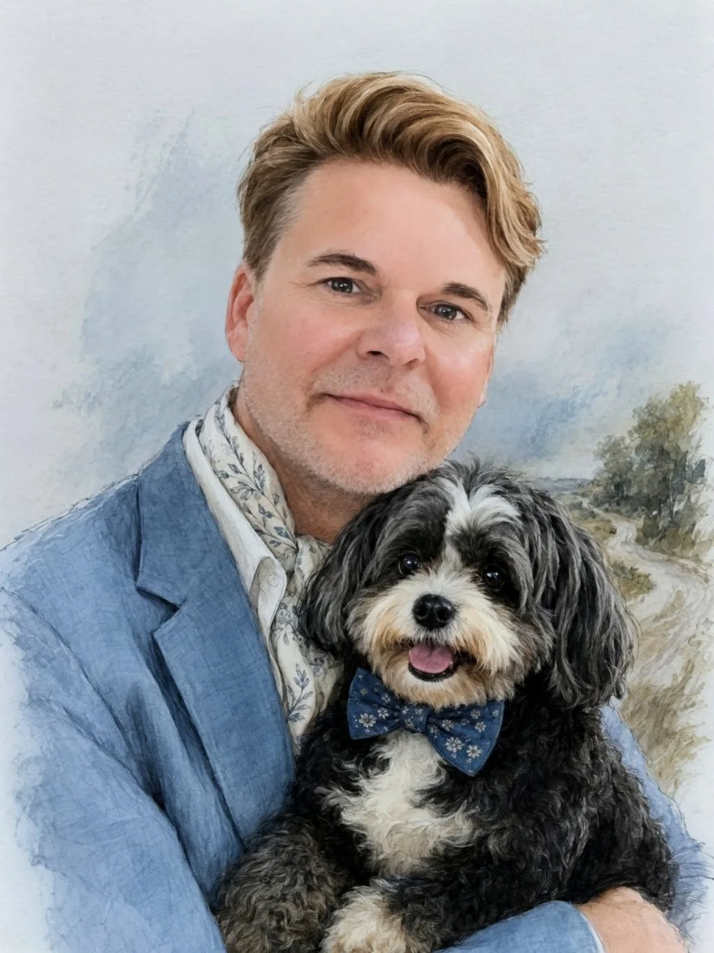 A portrait of a blonde haired man in a blue jacket and patterned scarf holding a shades of grey, white and fluffy shih-tzu  with a blue bow tie against a light-colored background.