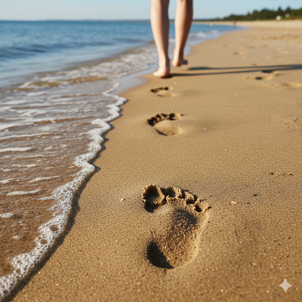Footprints in the sand along the shoreline of a beach with a person walking in the distance.